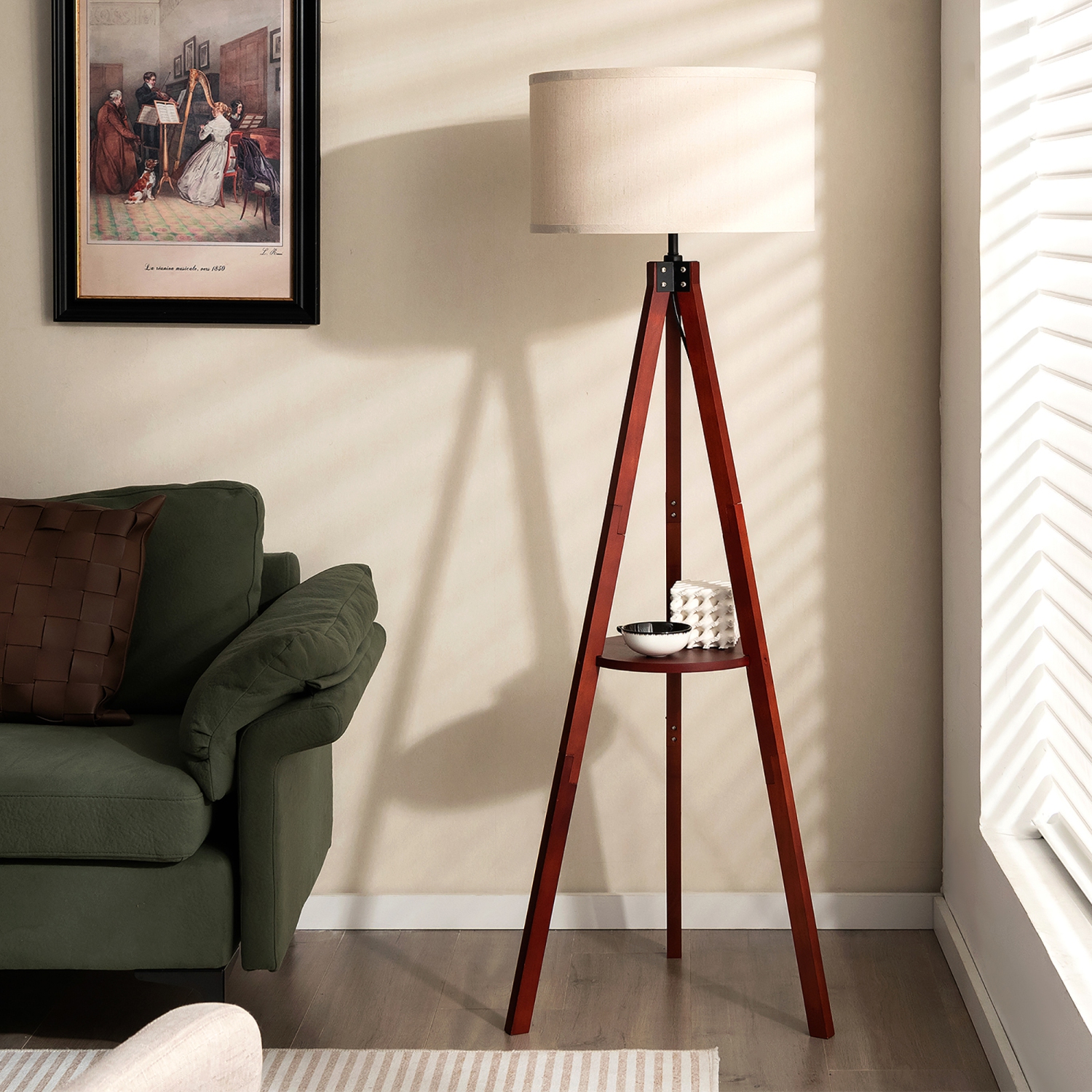 Gymax Tripod Floor Lamp Wood Standing Lamp w/ Flaxen Lamp Shade and E26 Lamp Base