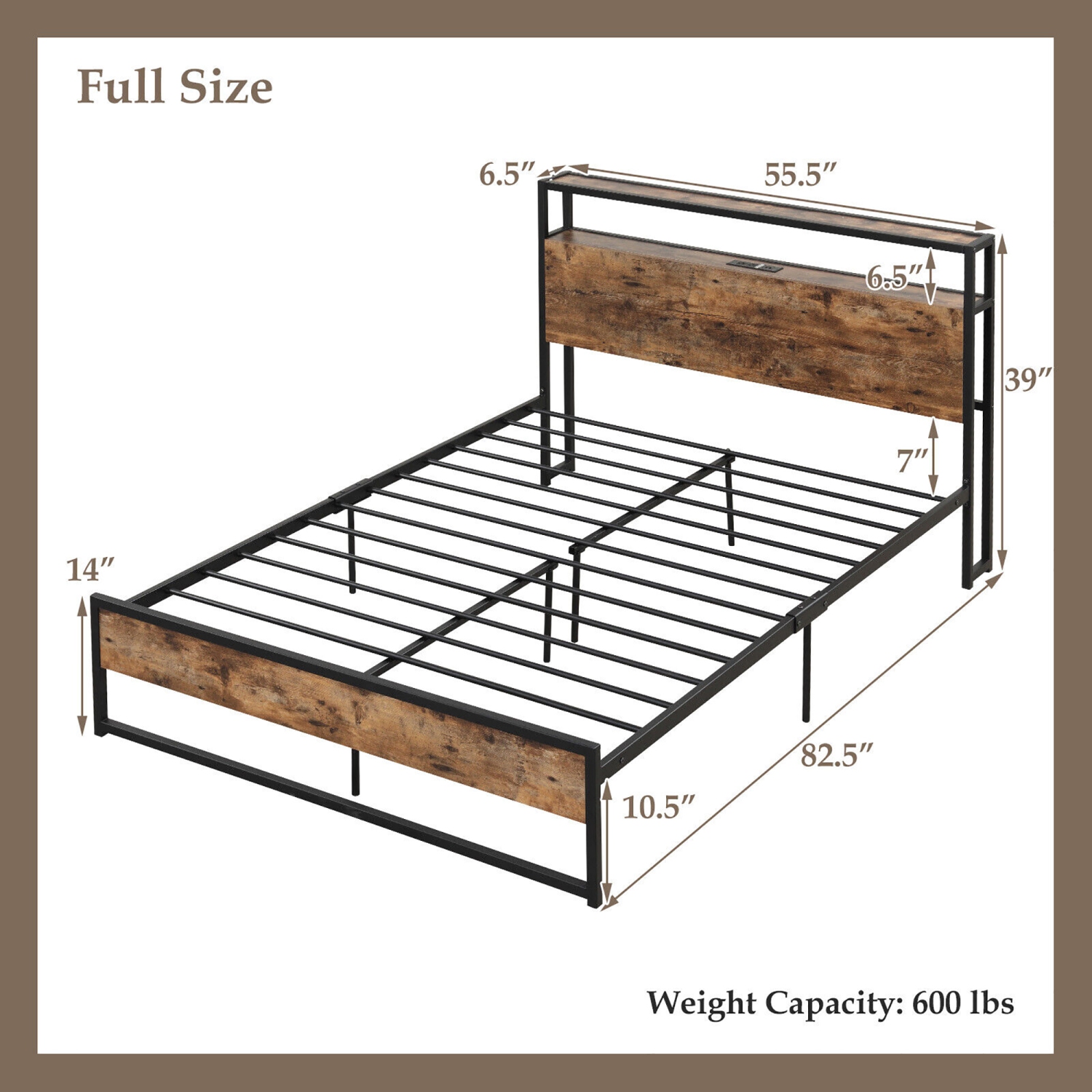 Gymax Full Size Industrial Platform Bed Frame with Charging Station Storage Headboard