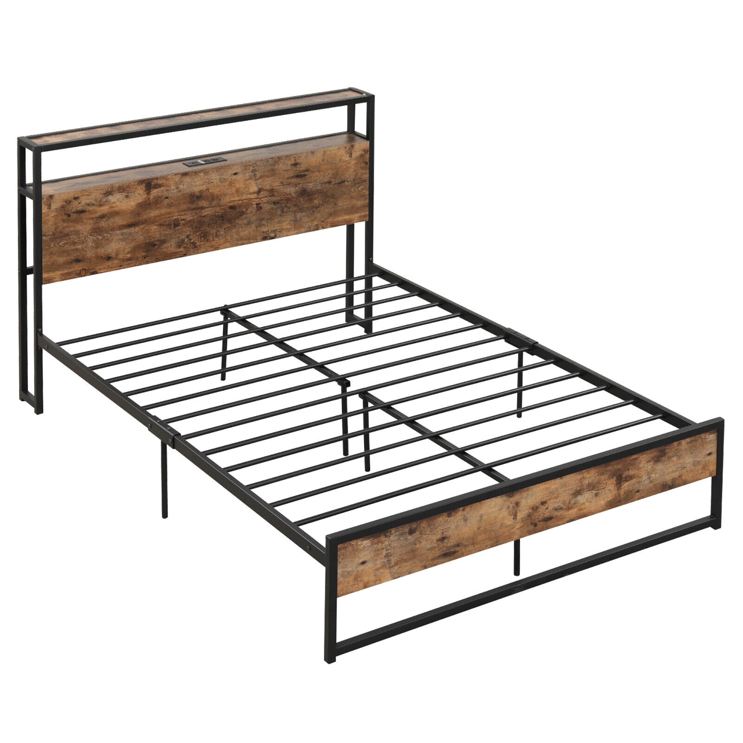 Gymax Full Size Industrial Platform Bed Frame with Charging Station Storage Headboard