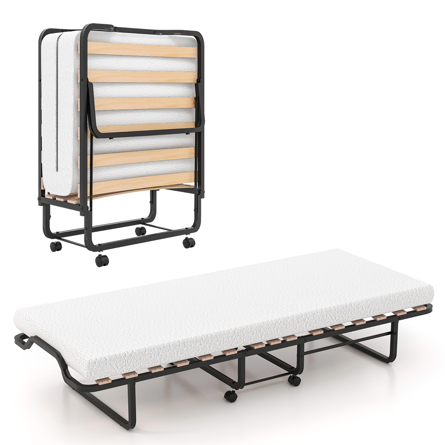 Gymax Portable Foldable Guest Bed w/ Solid Wood Slats & Metal Frame Rollaway Bed for Adults w/ Wheel
