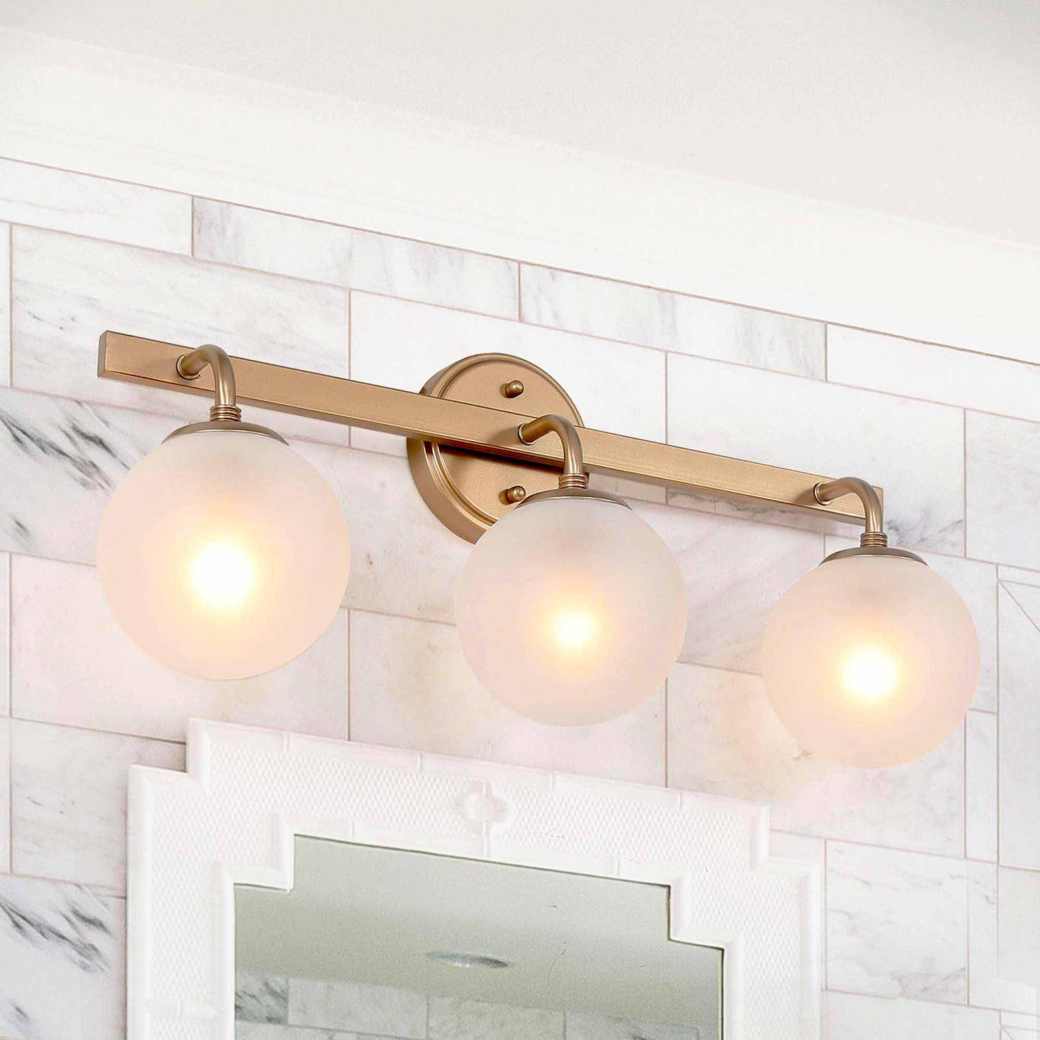 Modern Globe Bathroom Vanity Light, 3-Light Brass Gold Bedroom Frosted Wall Sconce Light