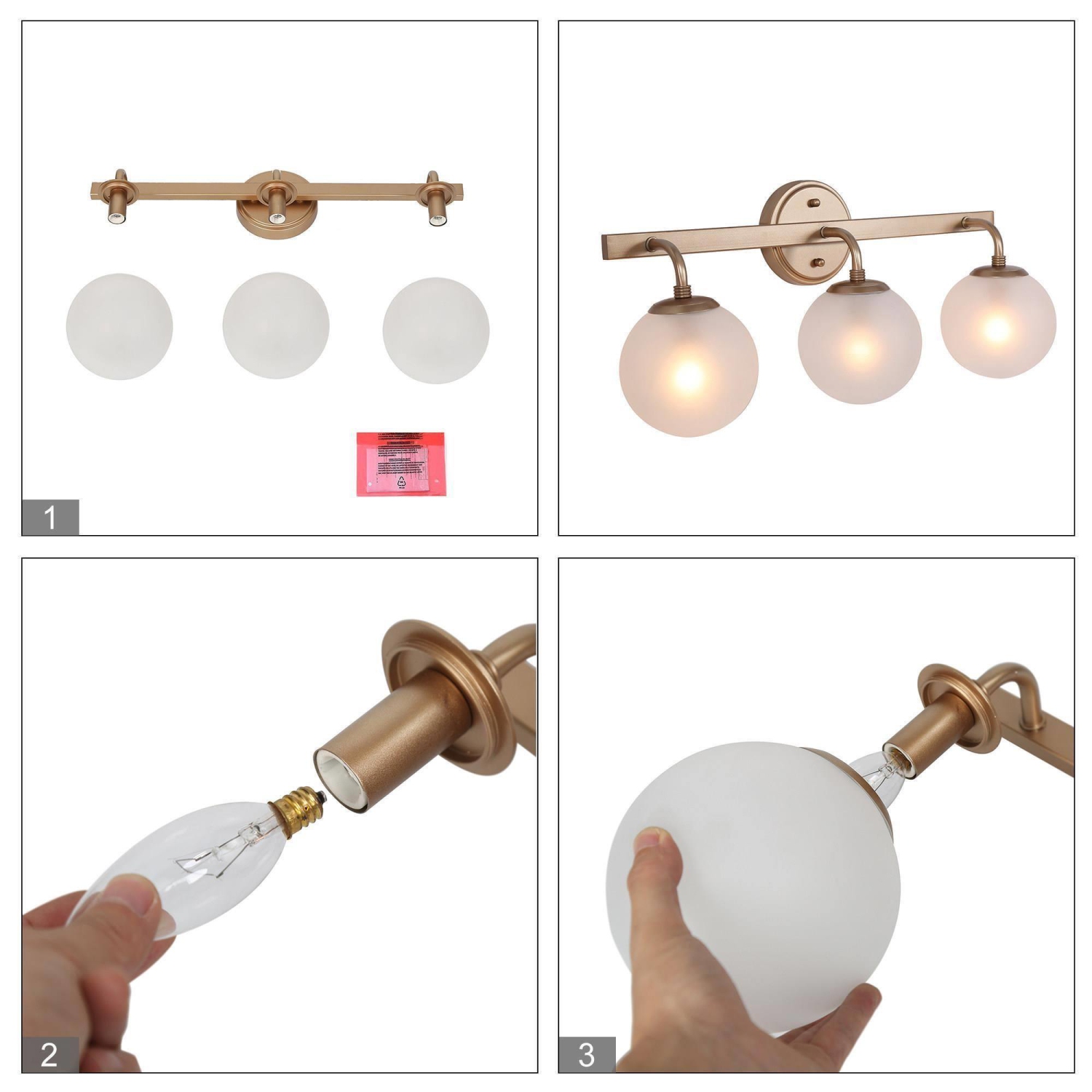 Modern Globe Bathroom Vanity Light, 3-Light Brass Gold Bedroom Frosted Wall Sconce Light