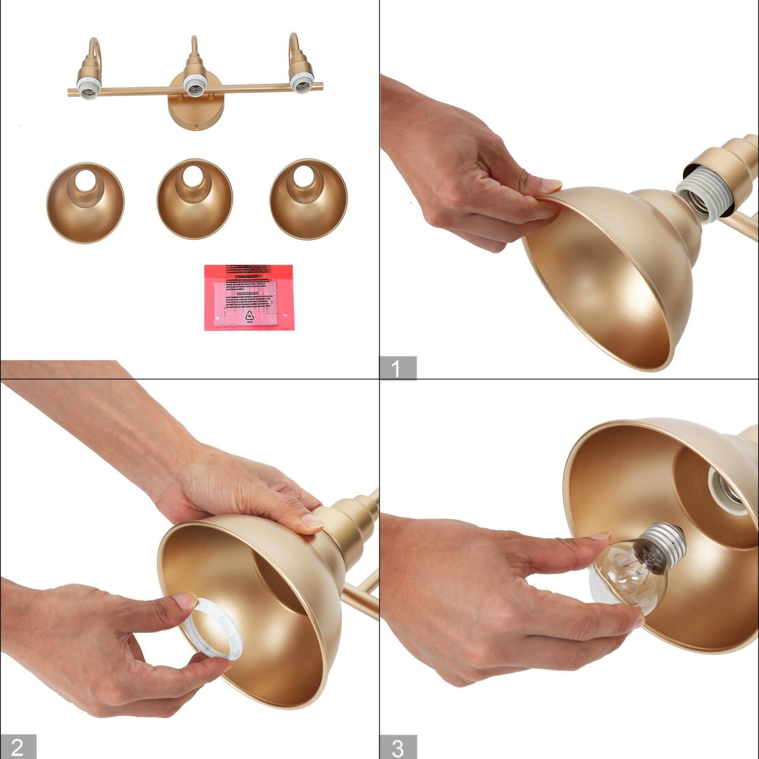 Applique murale ronde moderne Bell pour salle de bain, 3 lumières, laiton doré, abat-jour en métal