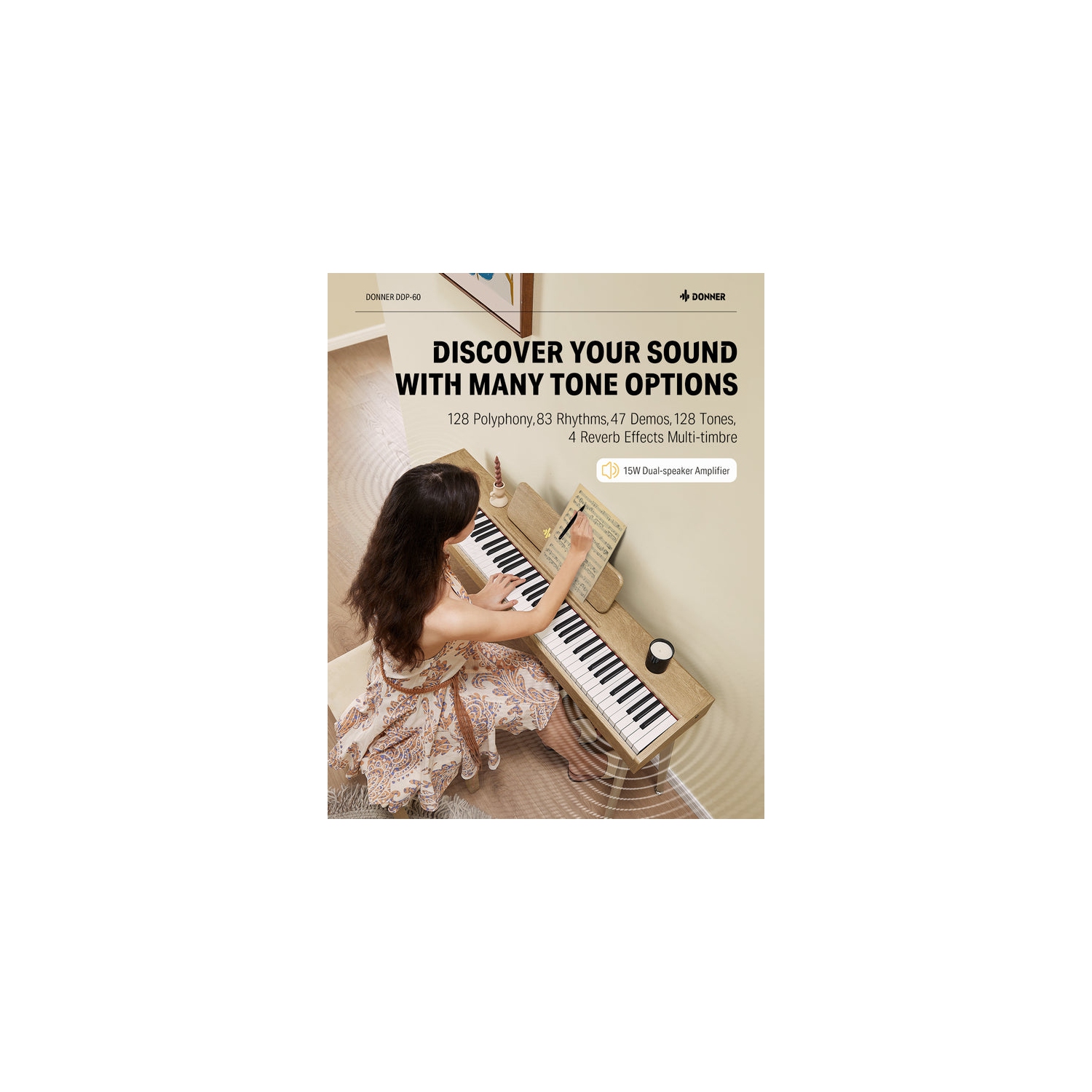 Donner DDP-60 88-Key Semi-Weighted Wooden Upright Digital Piano with 3-Pedal for Beginner