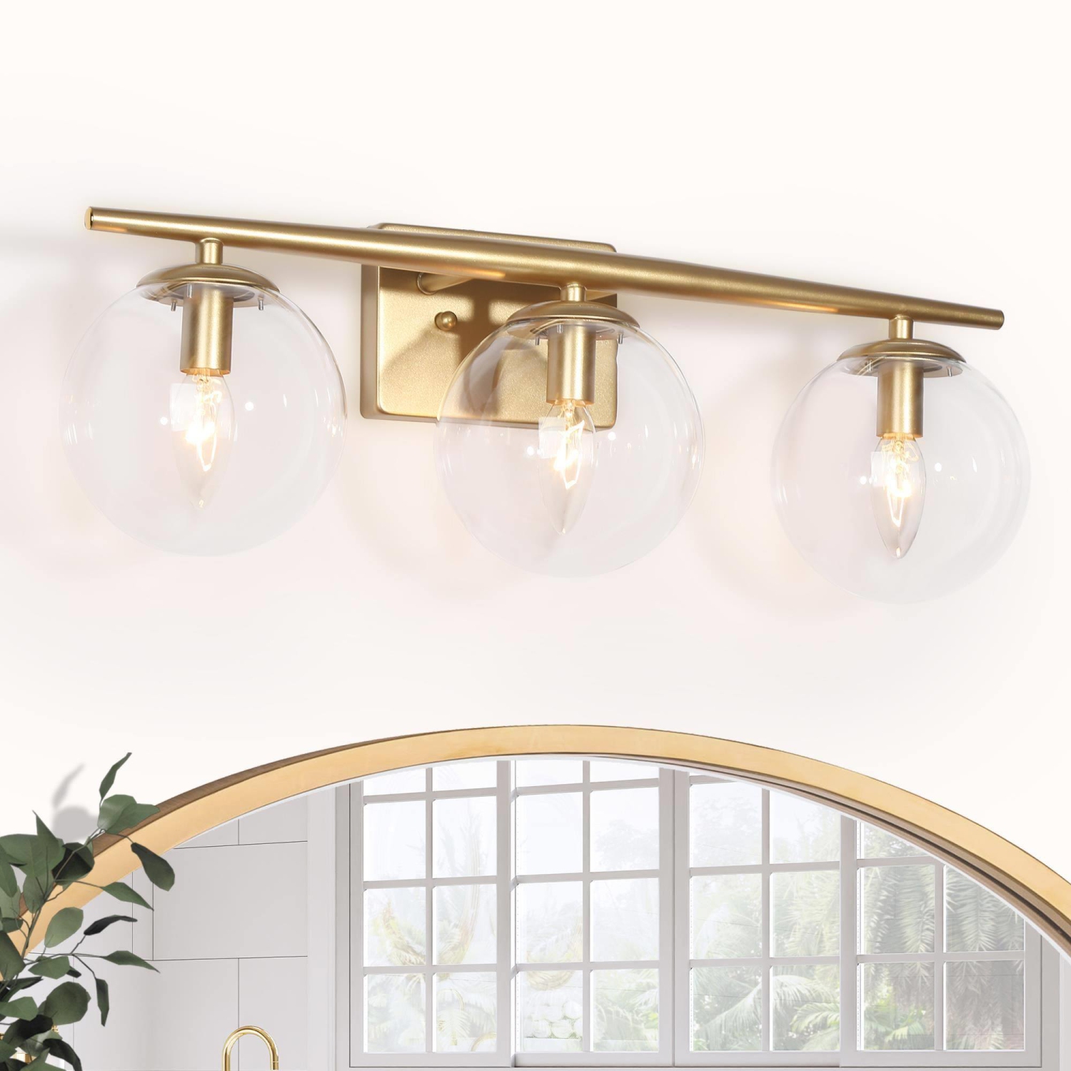 Modern Gold Bathroom Vanity Light, 3-Light Farmhouse Brass Wall Sconce with Clear Globe Glass Shades