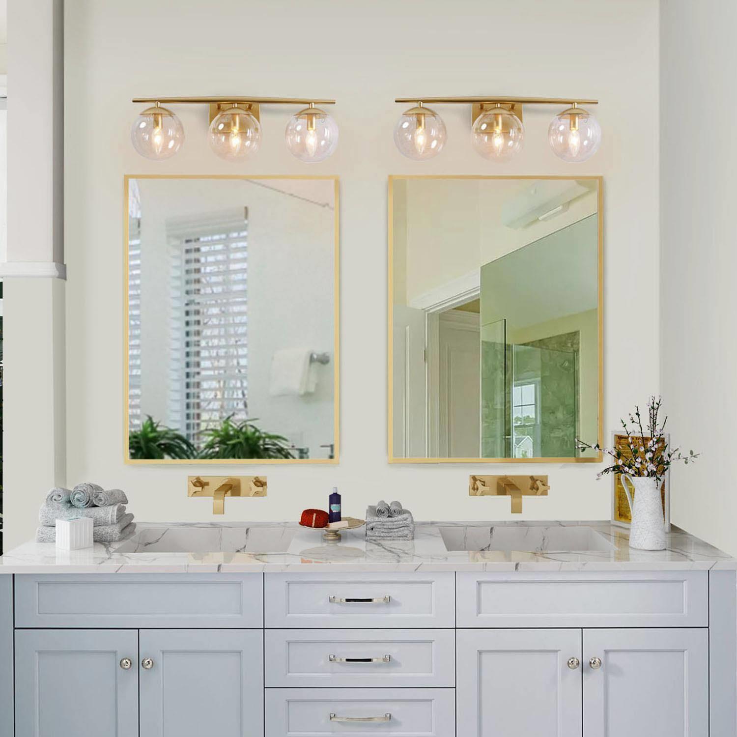Modern Gold Bathroom Vanity Light, 3-Light Farmhouse Brass Wall Sconce with Clear Globe Glass Shades