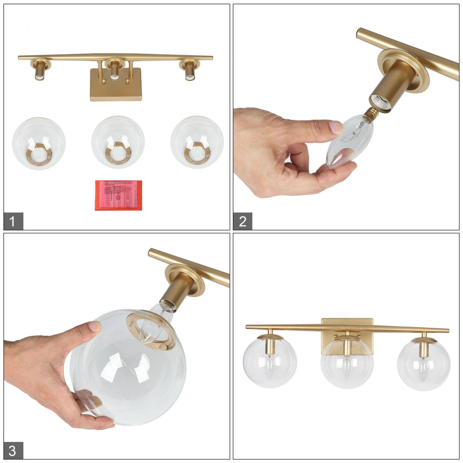Modern Gold Bathroom Vanity Light, 3-Light Farmhouse Brass Wall Sconce with Clear Globe Glass Shades