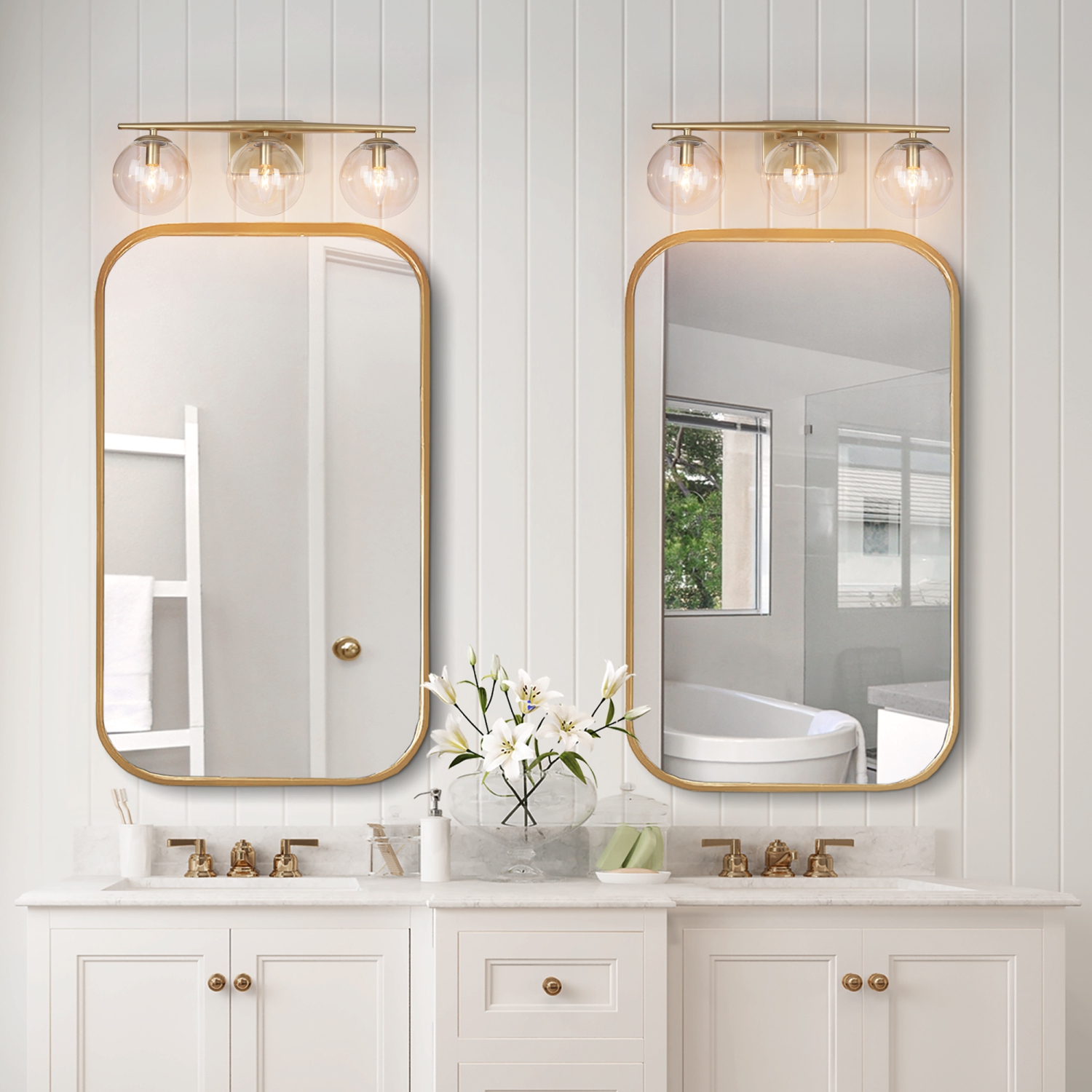 Modern Gold Bathroom Vanity Light, 3-Light Farmhouse Brass Wall Sconce with Clear Globe Glass Shades