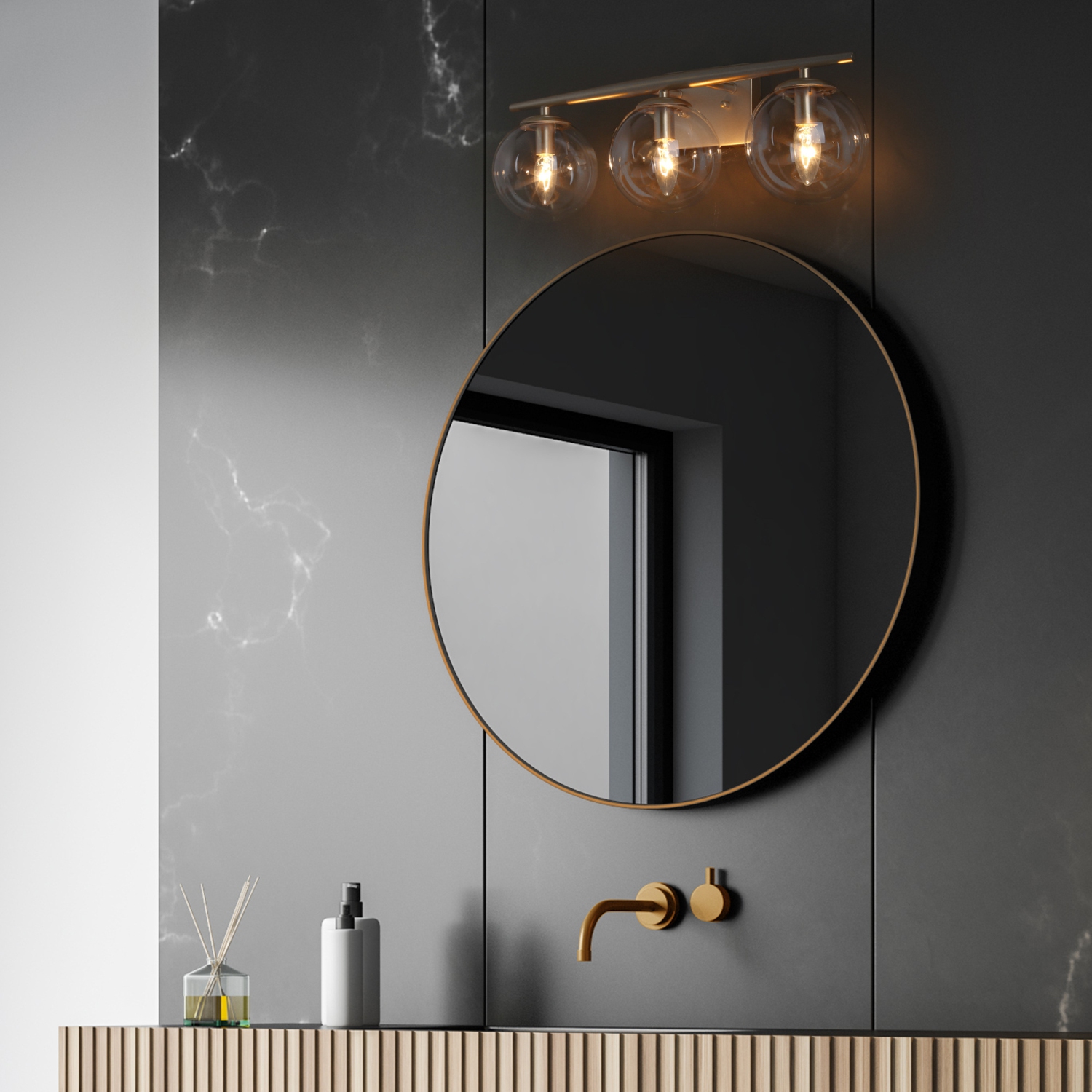 Modern Gold Bathroom Vanity Light, 3-Light Farmhouse Brass Wall Sconce with Clear Globe Glass Shades