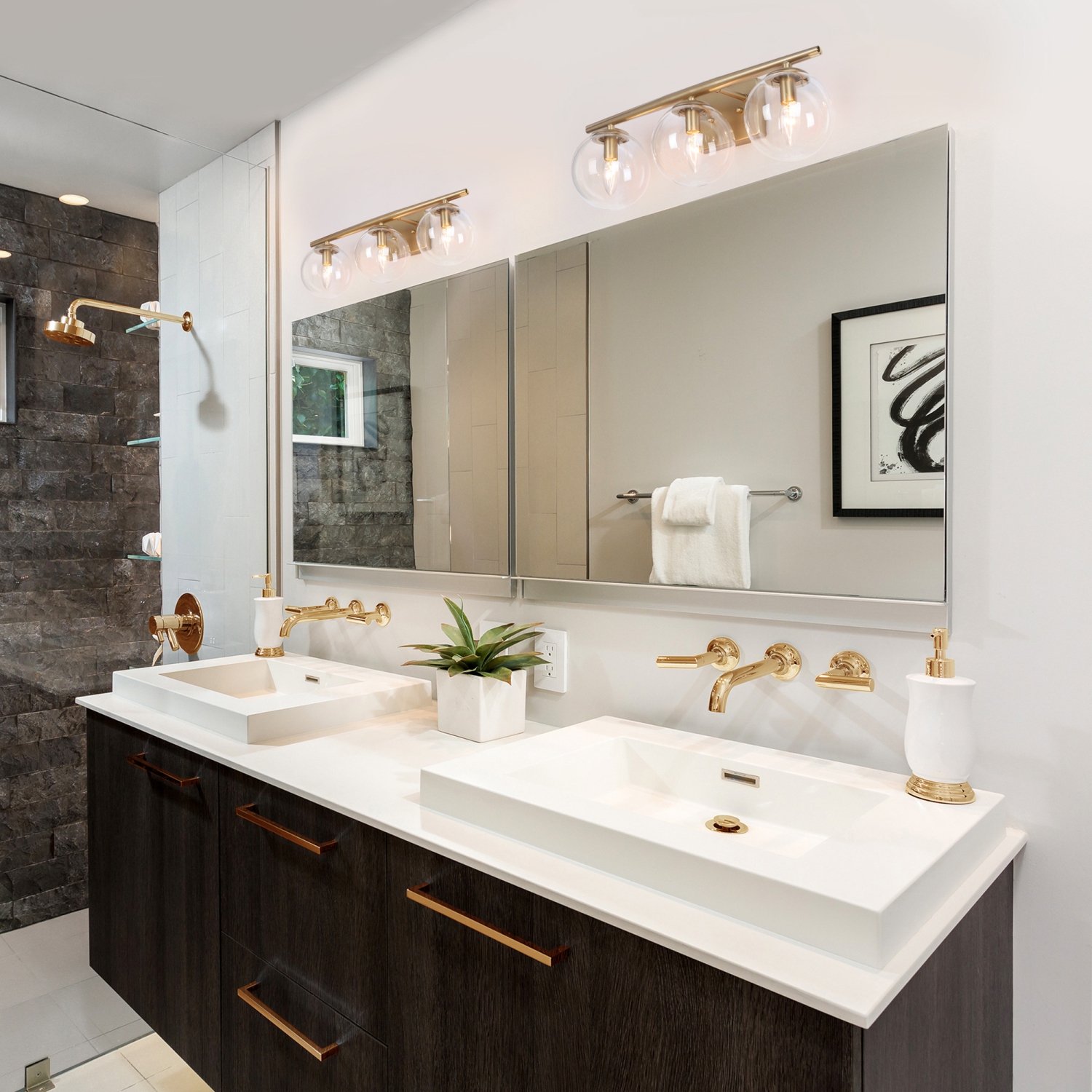 Modern Gold Bathroom Vanity Light, 3-Light Farmhouse Brass Wall Sconce with Clear Globe Glass Shades