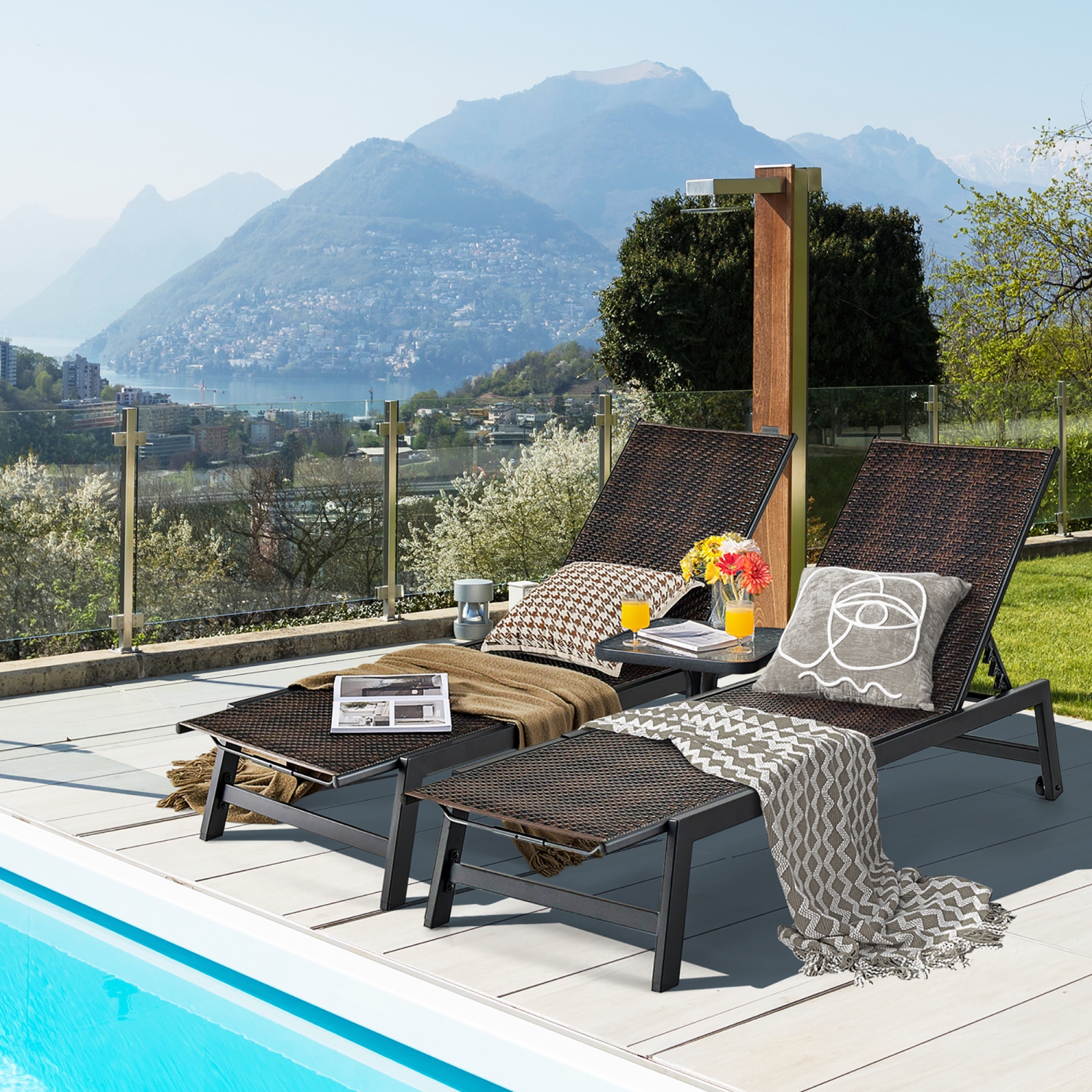 Gymax 2PCS Patio PE Rattan Chaise Lounge Outdoor Recliner w/ 5-Level Backrest Backyard Poolside