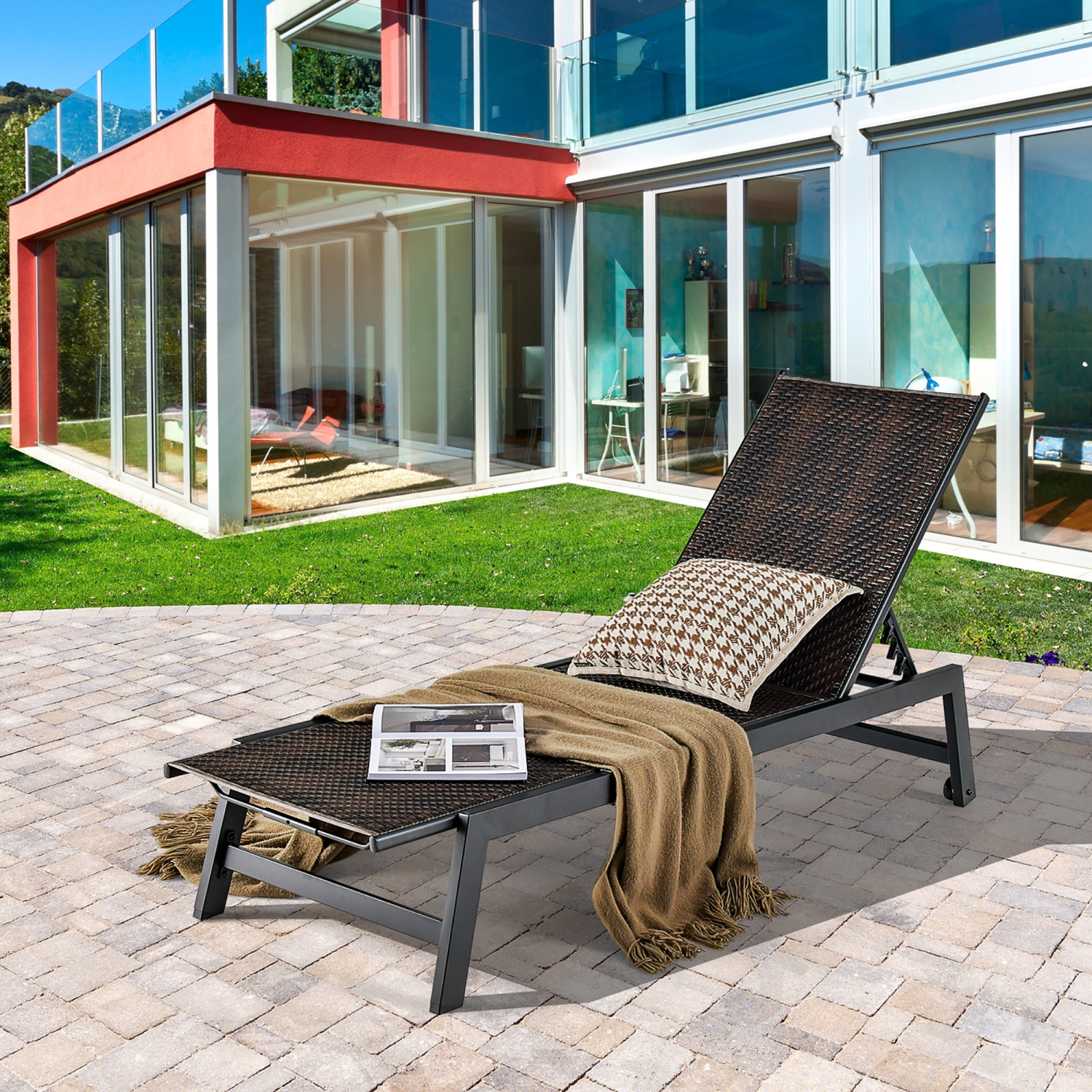 Gymax 2PCS Patio PE Rattan Chaise Lounge Outdoor Recliner w/ 5-Level Backrest Backyard Poolside