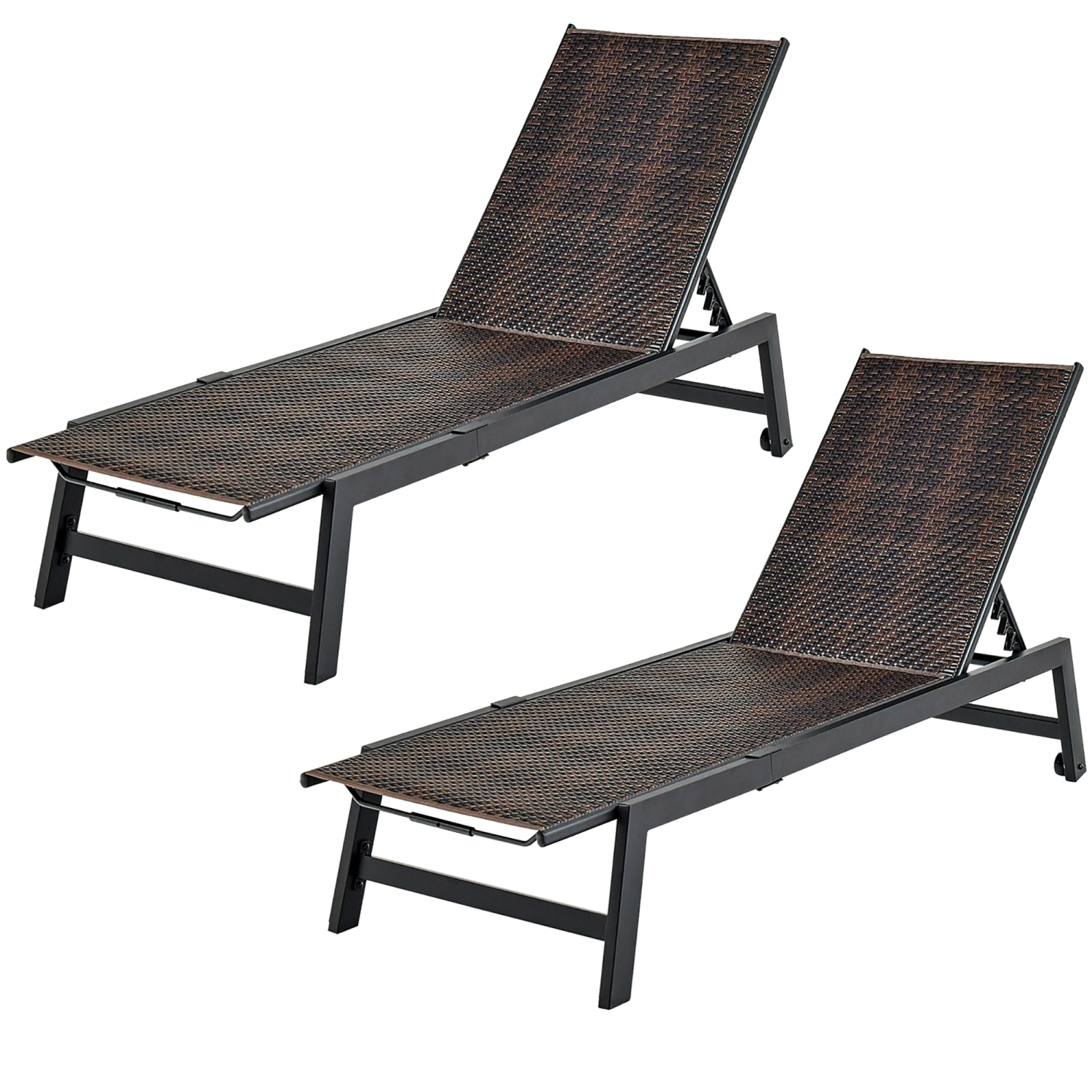 Gymax 2PCS Patio PE Rattan Chaise Lounge Outdoor Recliner w/ 5-Level Backrest Backyard Poolside