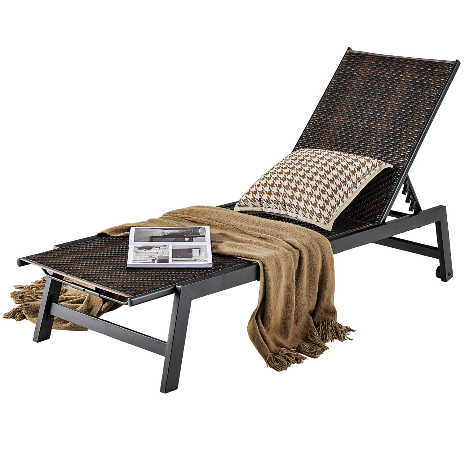 Gymax 2PCS Patio PE Rattan Chaise Lounge Outdoor Recliner w/ 5-Level Backrest Backyard Poolside
