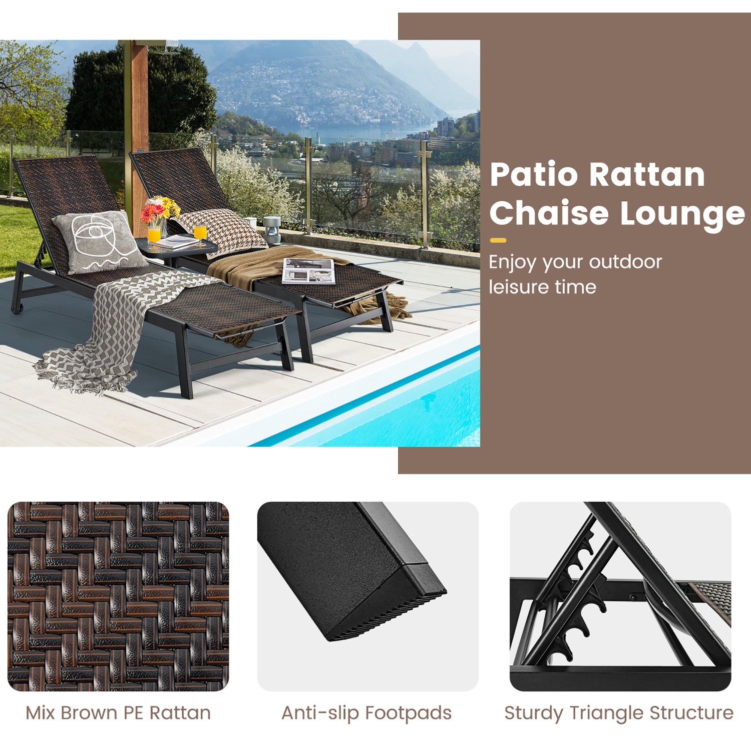 Gymax Patio PE Rattan Chaise Lounge Outdoor Recliner w/ 5-Level Backrest Backyard Poolside