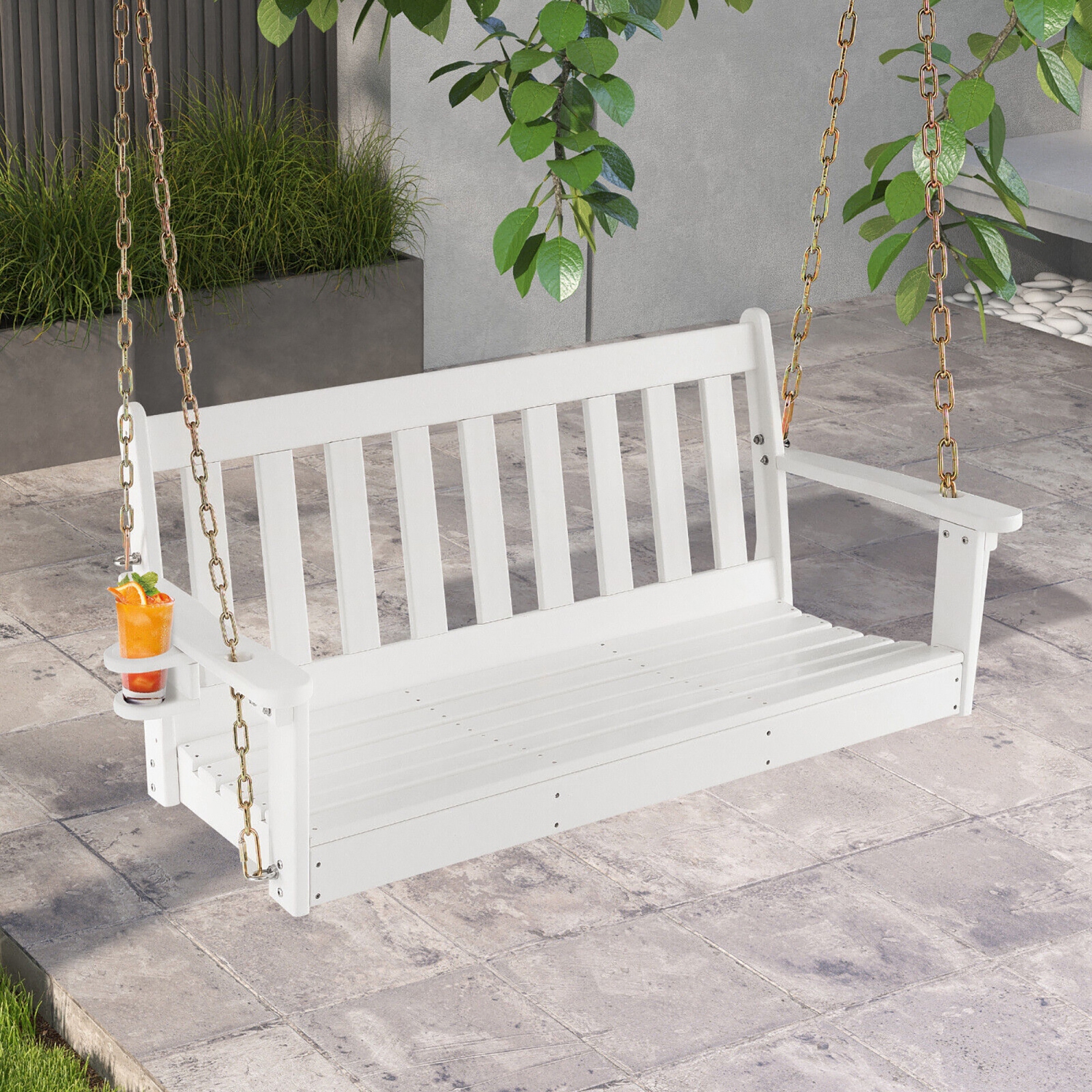 Gymax 54'' HDPE Porch Swing Outdoor Patio Hanging Chair w/ Cup Holder Adjustable Chain