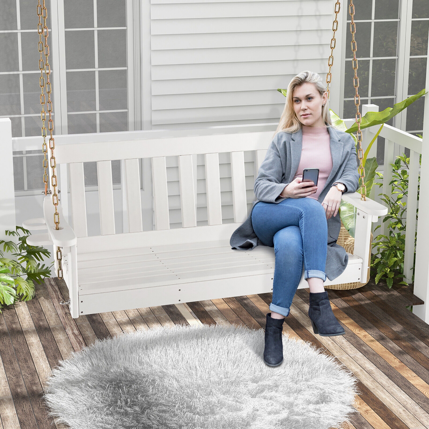 Gymax 54'' HDPE Porch Swing Outdoor Patio Hanging Chair w/ Cup Holder Adjustable Chain