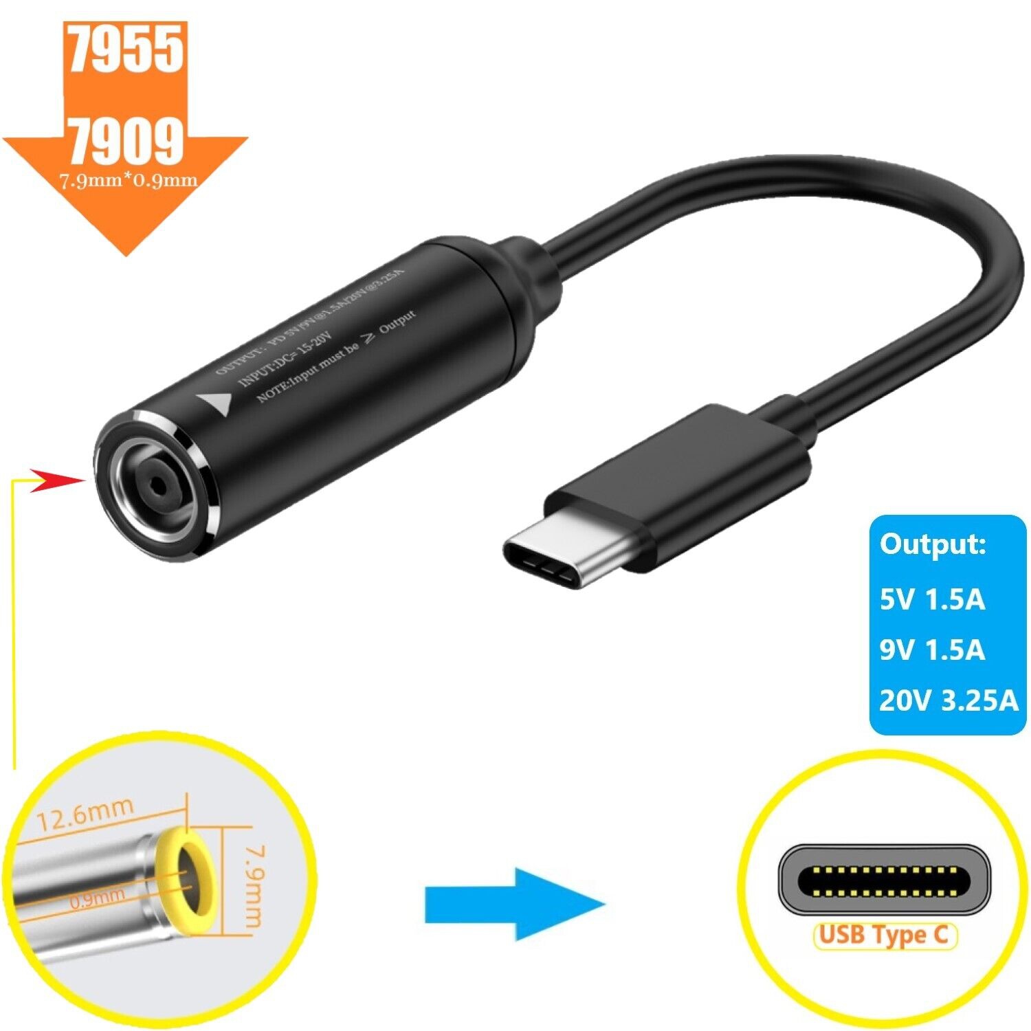 Adaptateur c.c. 65&nbsp;W de rechange pour ordinateur portatif pour Lenovo 7,9&nbsp;mm à gros embout jaune à type C.