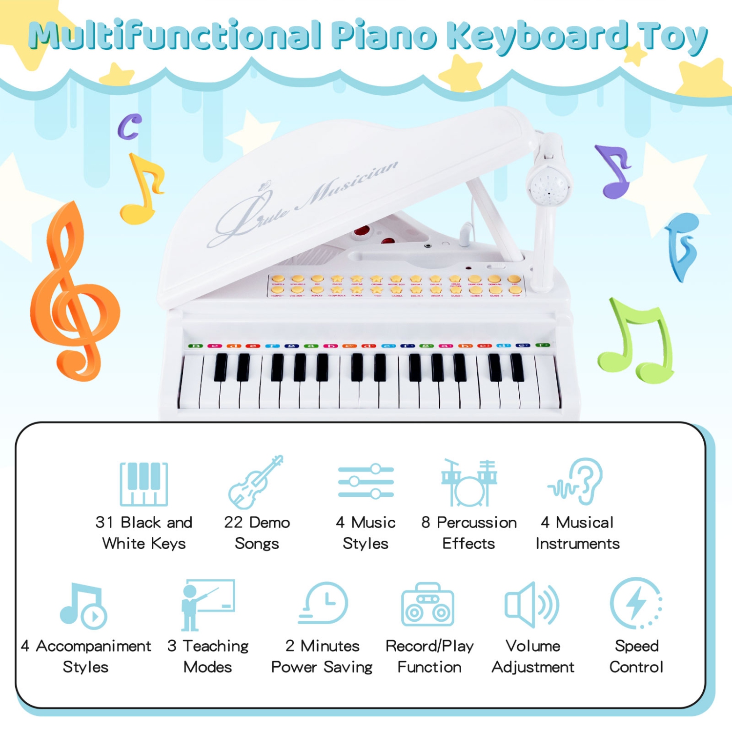 Instrument musical avec tabouret et microphone pour enfants Piano Keyboard Toy de Costway 31 touches