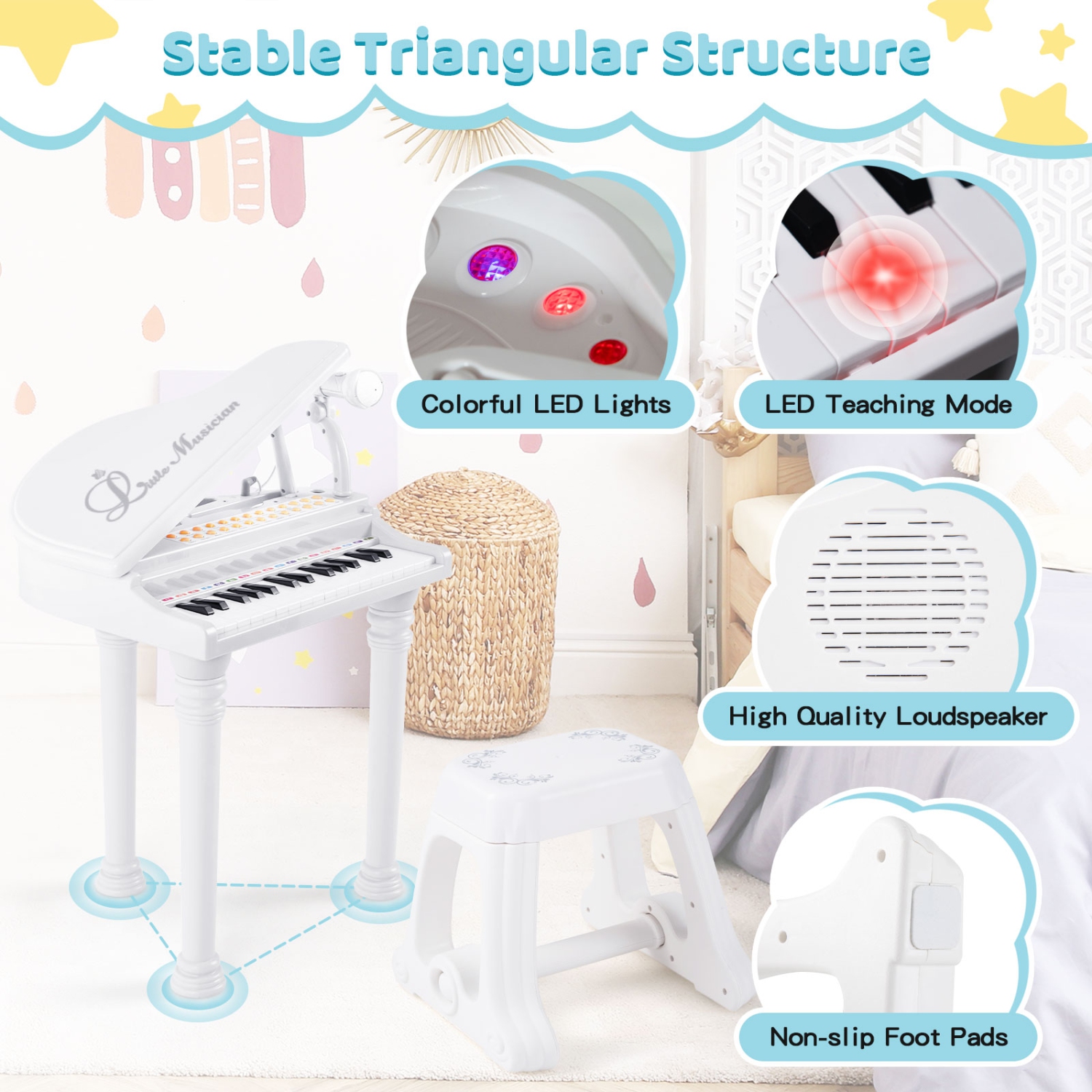 Instrument musical avec tabouret et microphone pour enfants Piano Keyboard Toy de Costway 31 touches
