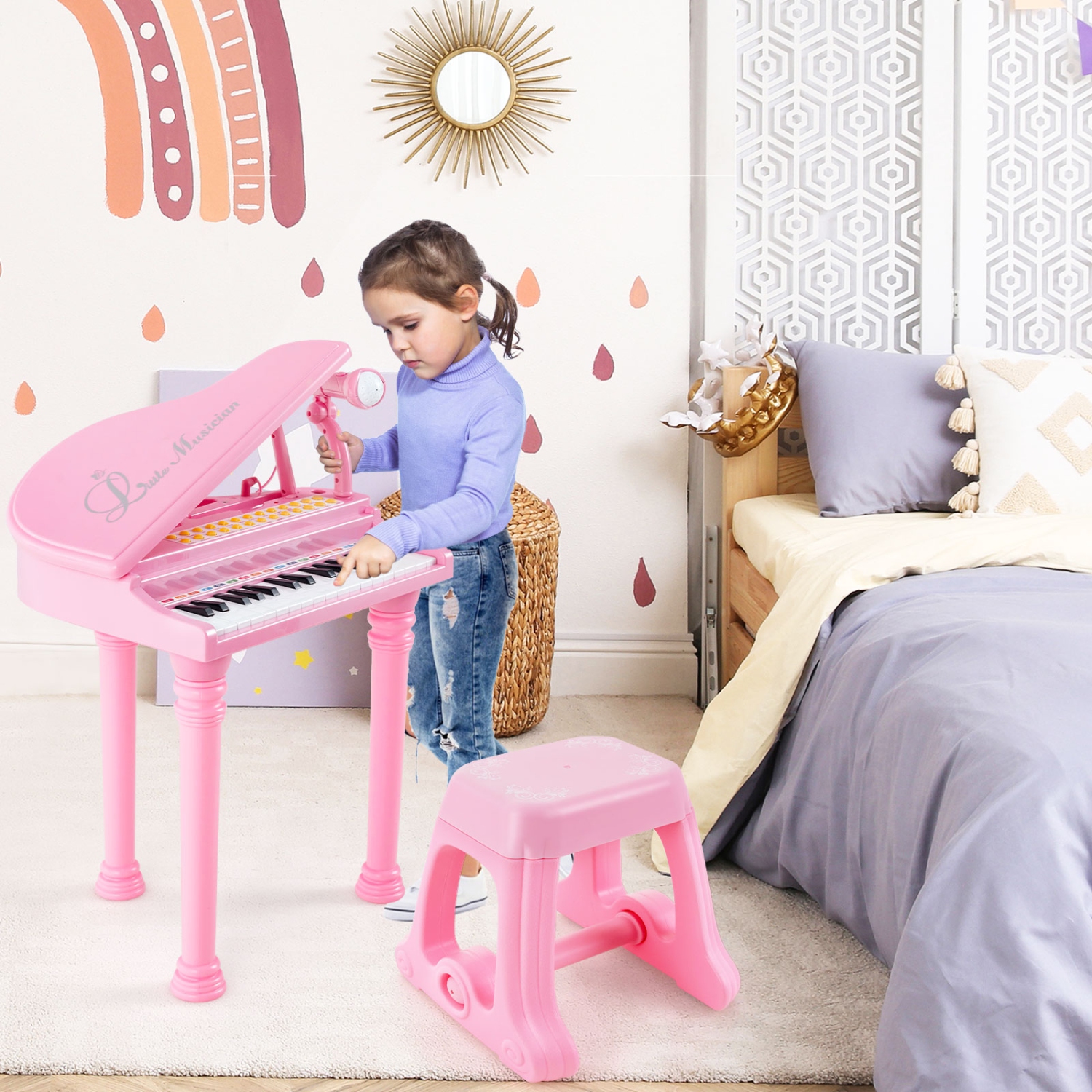 Instrument musical avec tabouret et microphone pour enfants Piano Keyboard Toy de Costway 31 touches