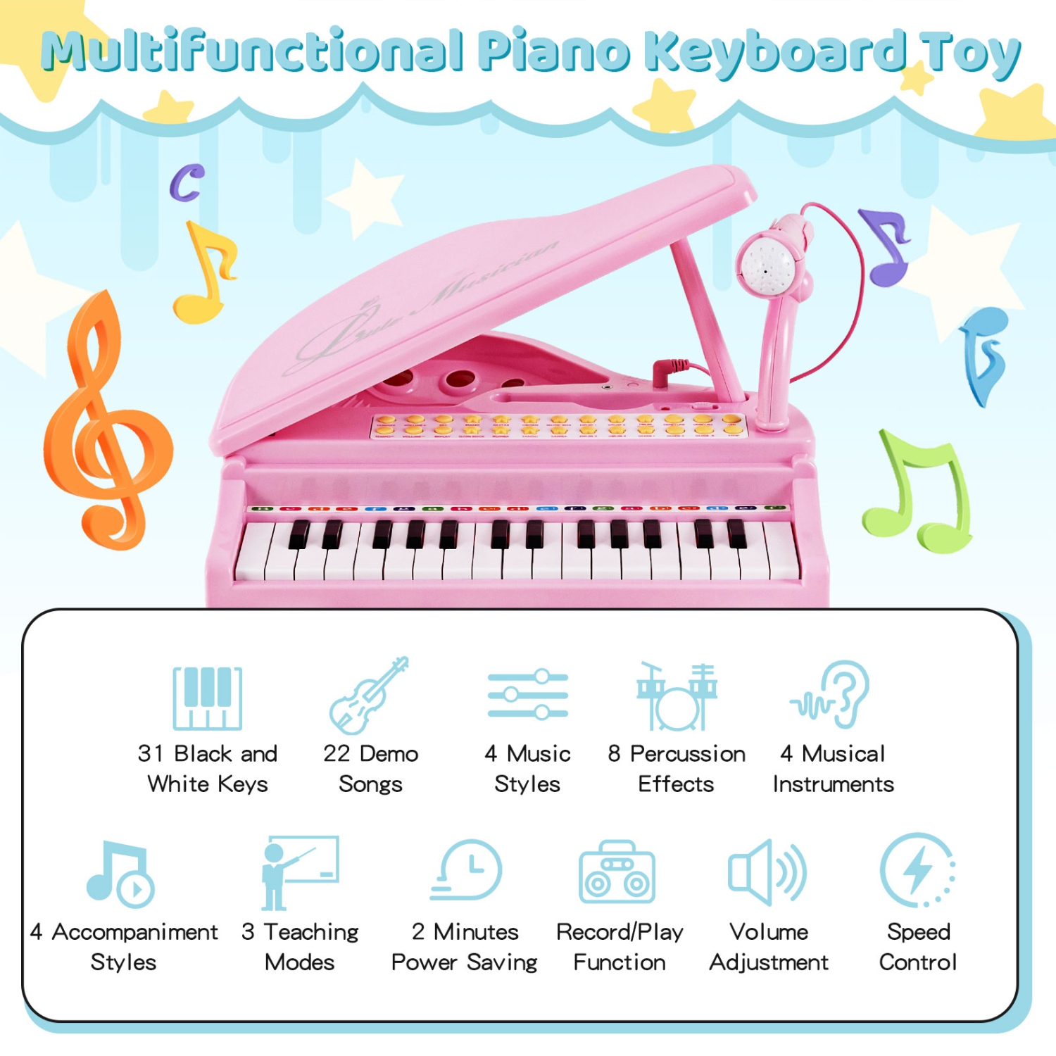 Instrument musical avec tabouret et microphone pour enfants Piano Keyboard Toy de Costway 31 touches
