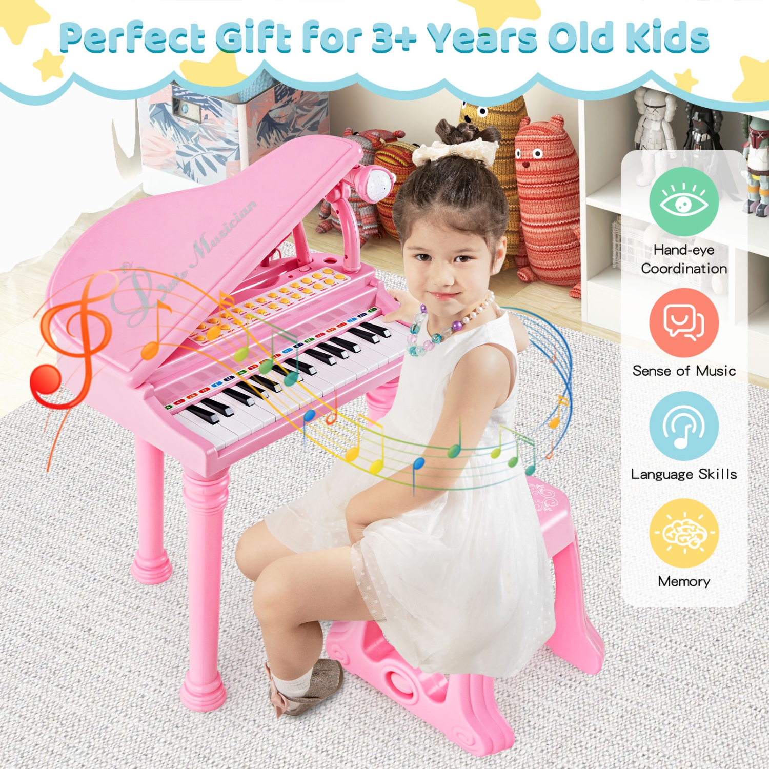 Instrument musical avec tabouret et microphone pour enfants Piano Keyboard Toy de Costway 31 touches