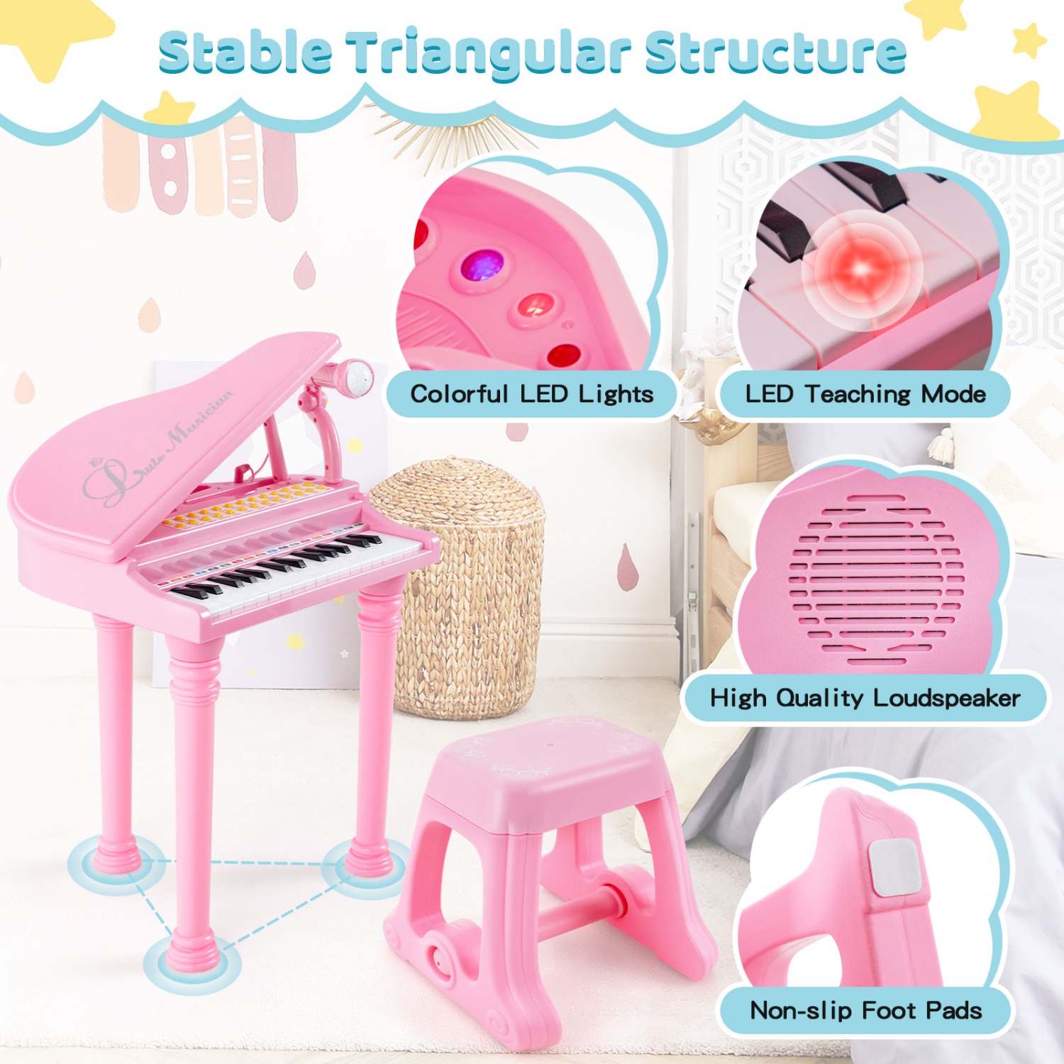 Instrument musical avec tabouret et microphone pour enfants Piano Keyboard Toy de Costway 31 touches