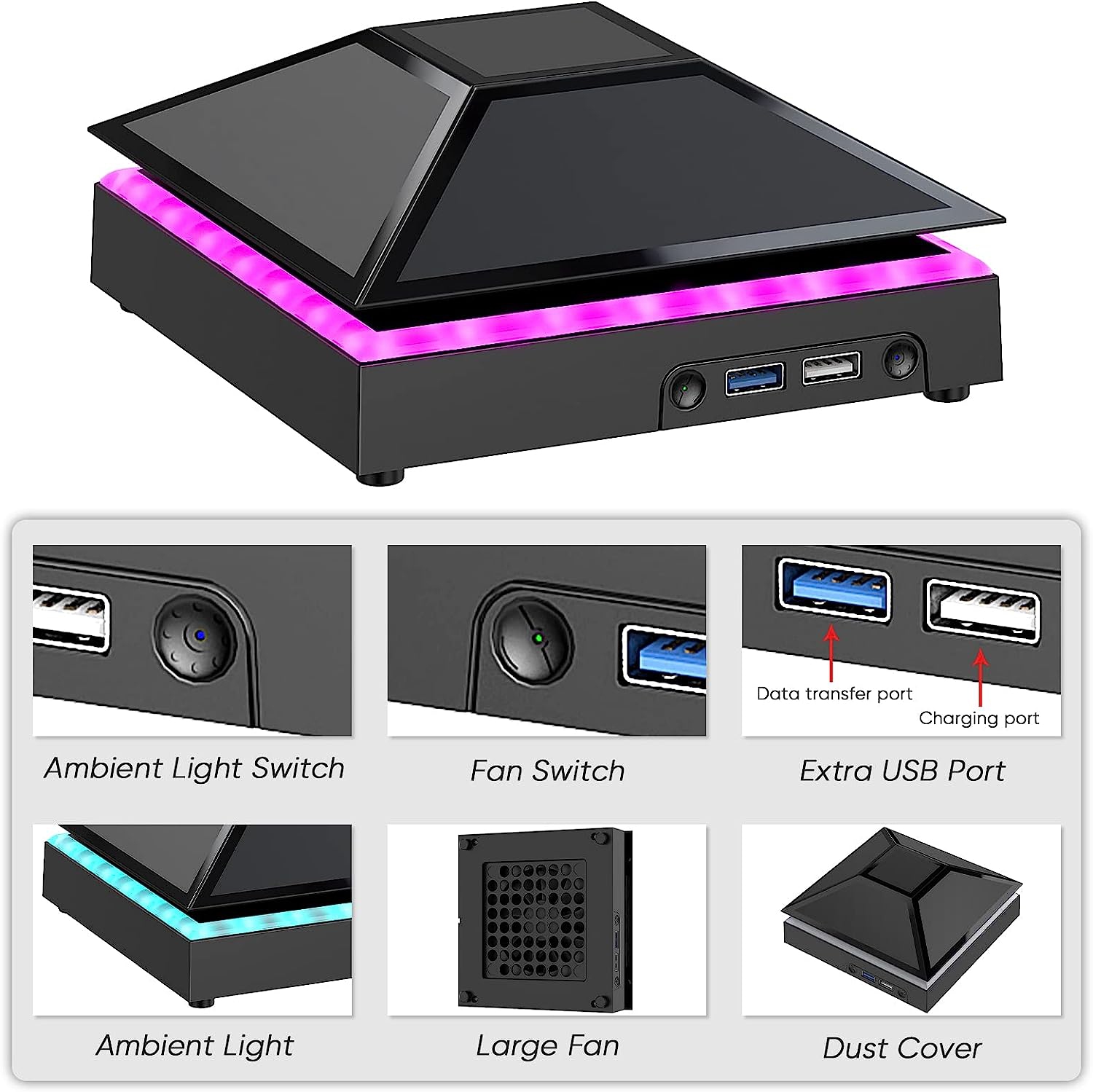 Upgraded Cooling Fan for Xbox Series X with RGB Color Light LED Strip, 3 Gears Adjustable Top Fan Cooling System with Rubber Dust Cover Filter Plugs,