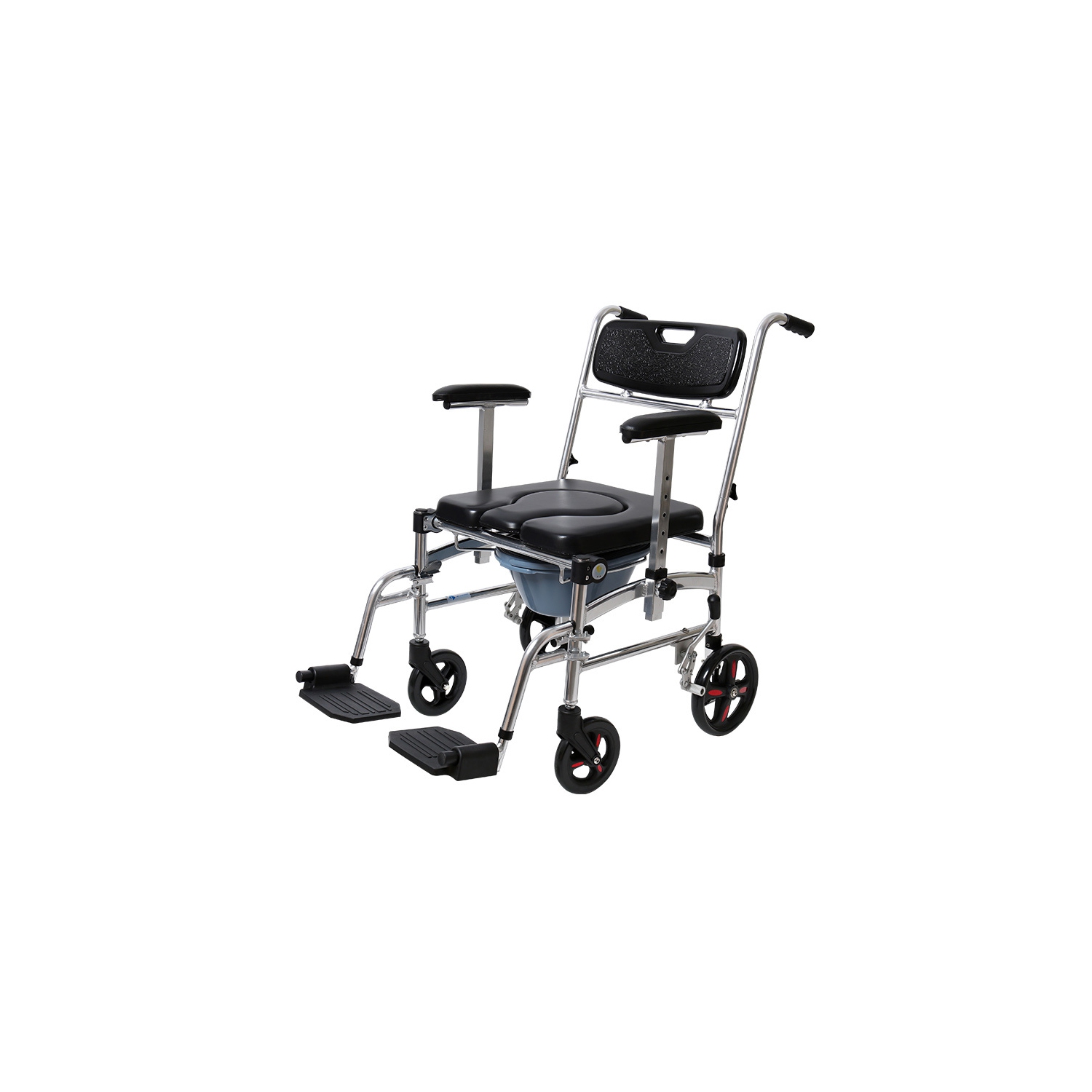 Commode Shower Chair, Transport chair 4 in 1 with 4 Brakes, Removable Pedal, Adjustable armrest, PU Commode Seat and Pail 280lb