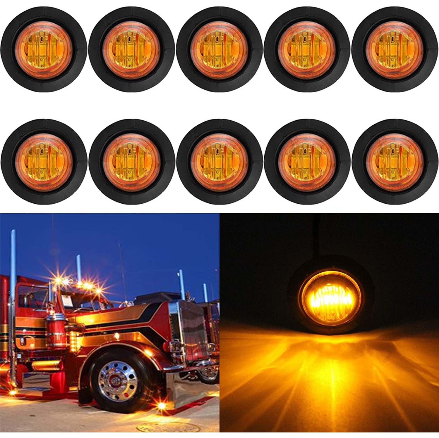 10PCS 3/4" Round LED Side Marker Lights,12V Waterproof 3SMD LED Clearance Light, Front Rear Indicator, Grommet Mount Signal light for Truck RV Pickup