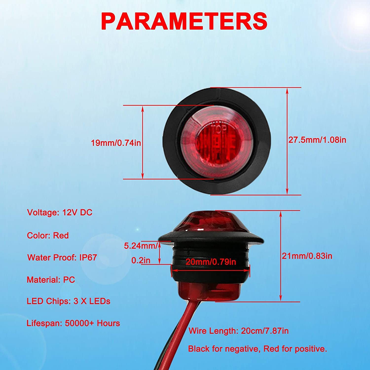 10PCS 3/4" Round LED Side Marker Lights,12V Waterproof 3SMD LED Clearance Light, Front Rear Indicator, Grommet Mount Signal light for Truck RV Pickup