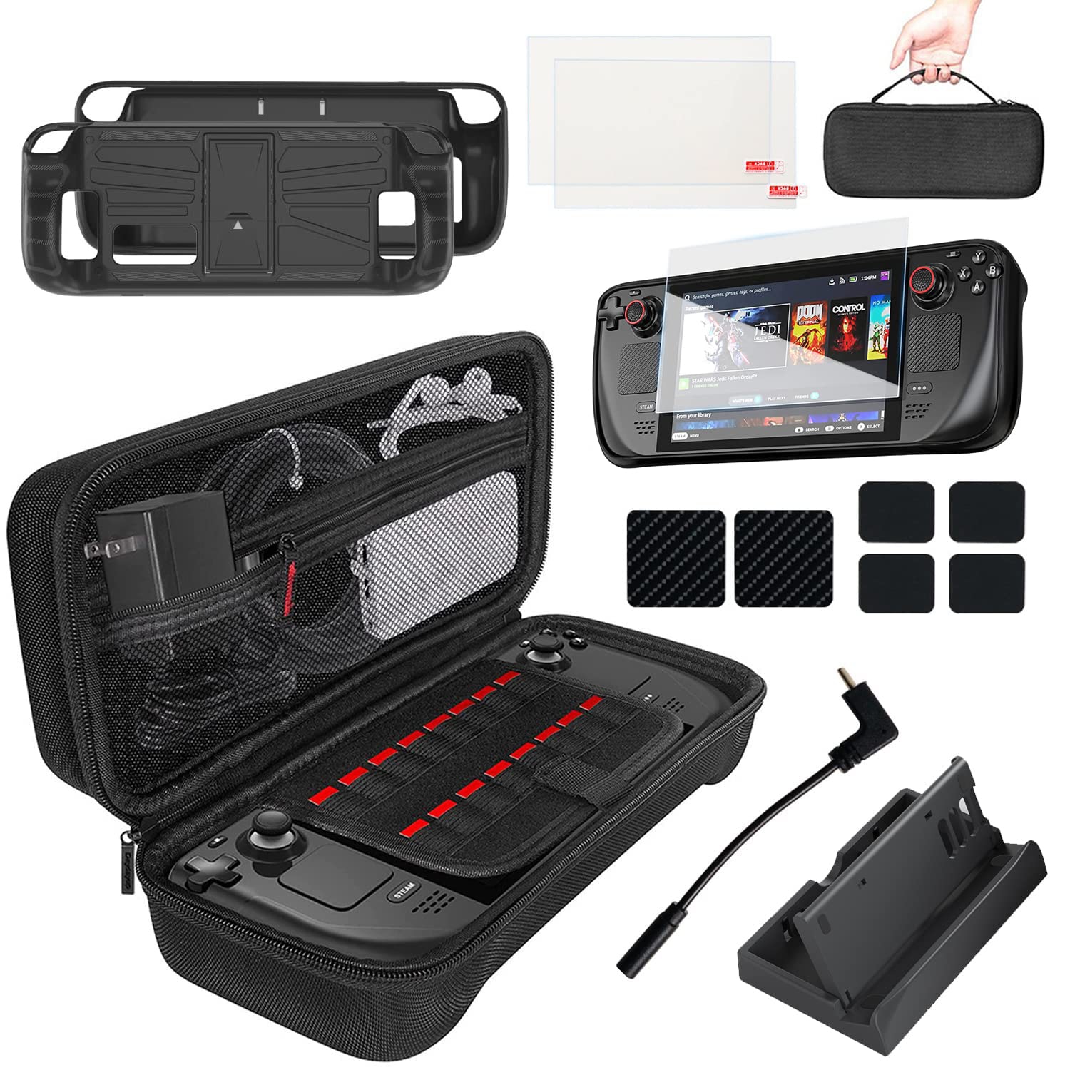 9 in 1 Carrying Case Compatible with Steam Deck Accessories Kit with Hard Shell Portable Travel Carry Case, Tactile Protector for Trackpad, Stand Base & Screen Protector