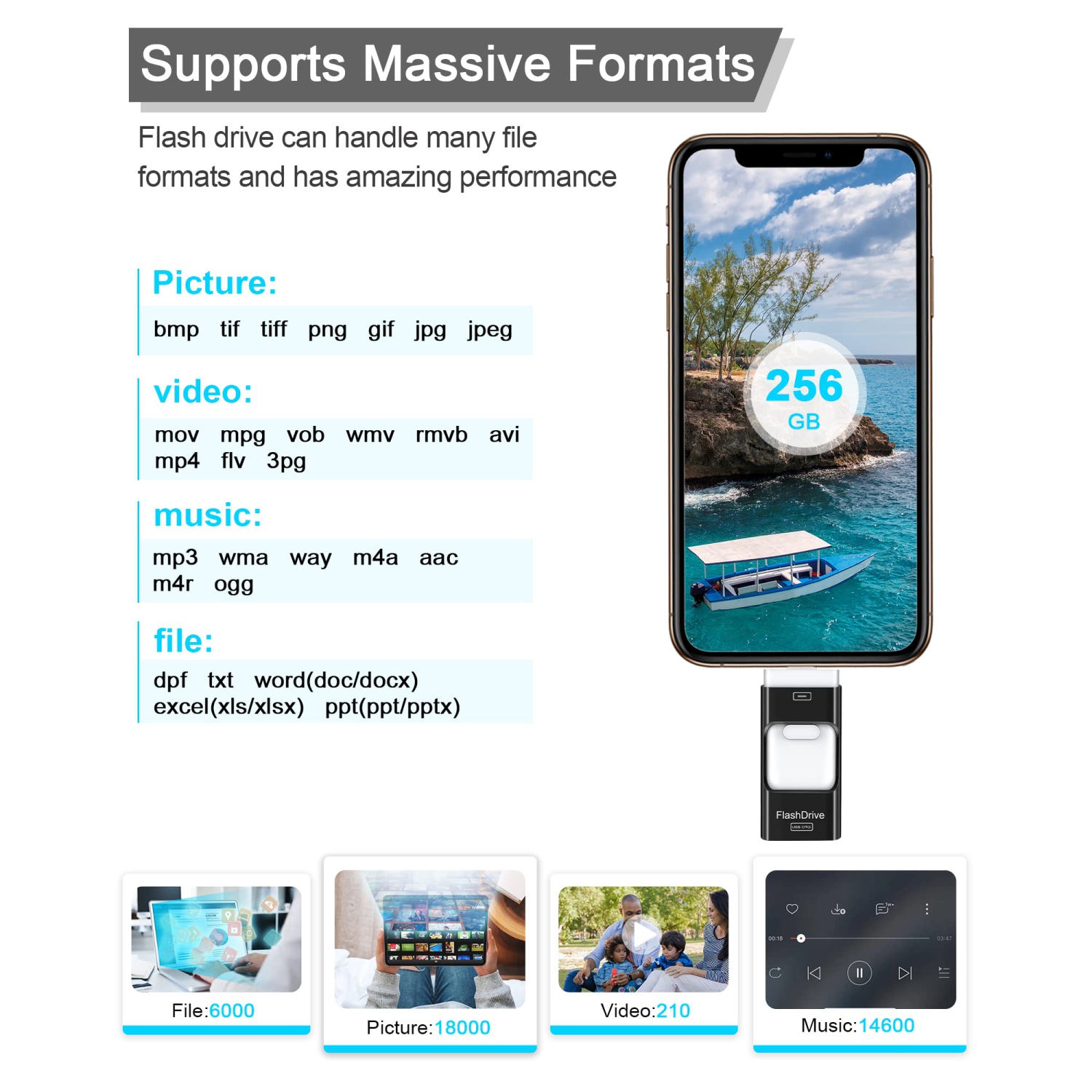 Clé USB de 256GB Go, clé de stockage de données externe pour clé USB compatible avec les téléphones, les tablettes, les appareils Android, les PC et