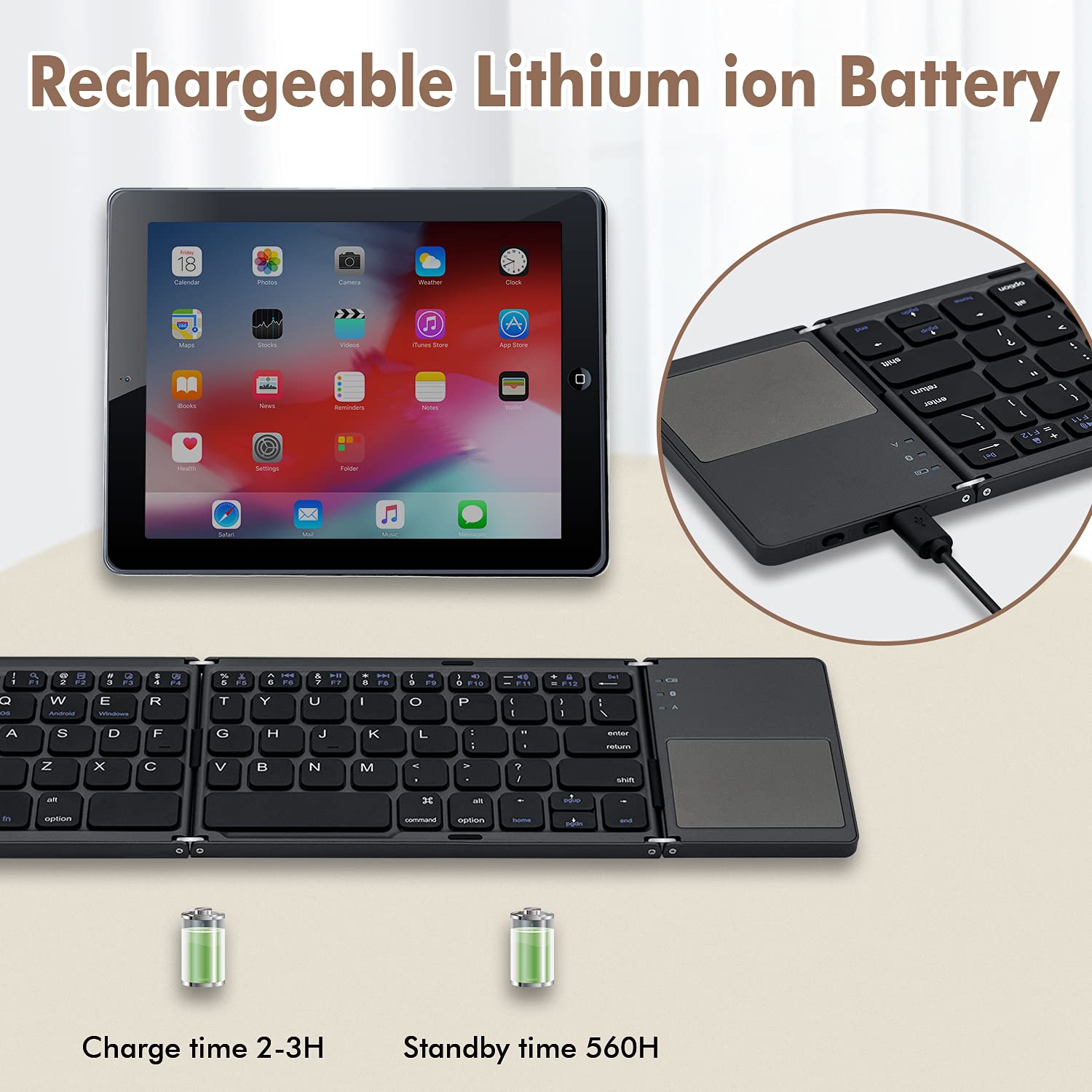 Clavier pliable universel sans fil avec pavé tactile, trois, portable pliable pour Android, tablette système Windows, téléphone intelligent - Gris