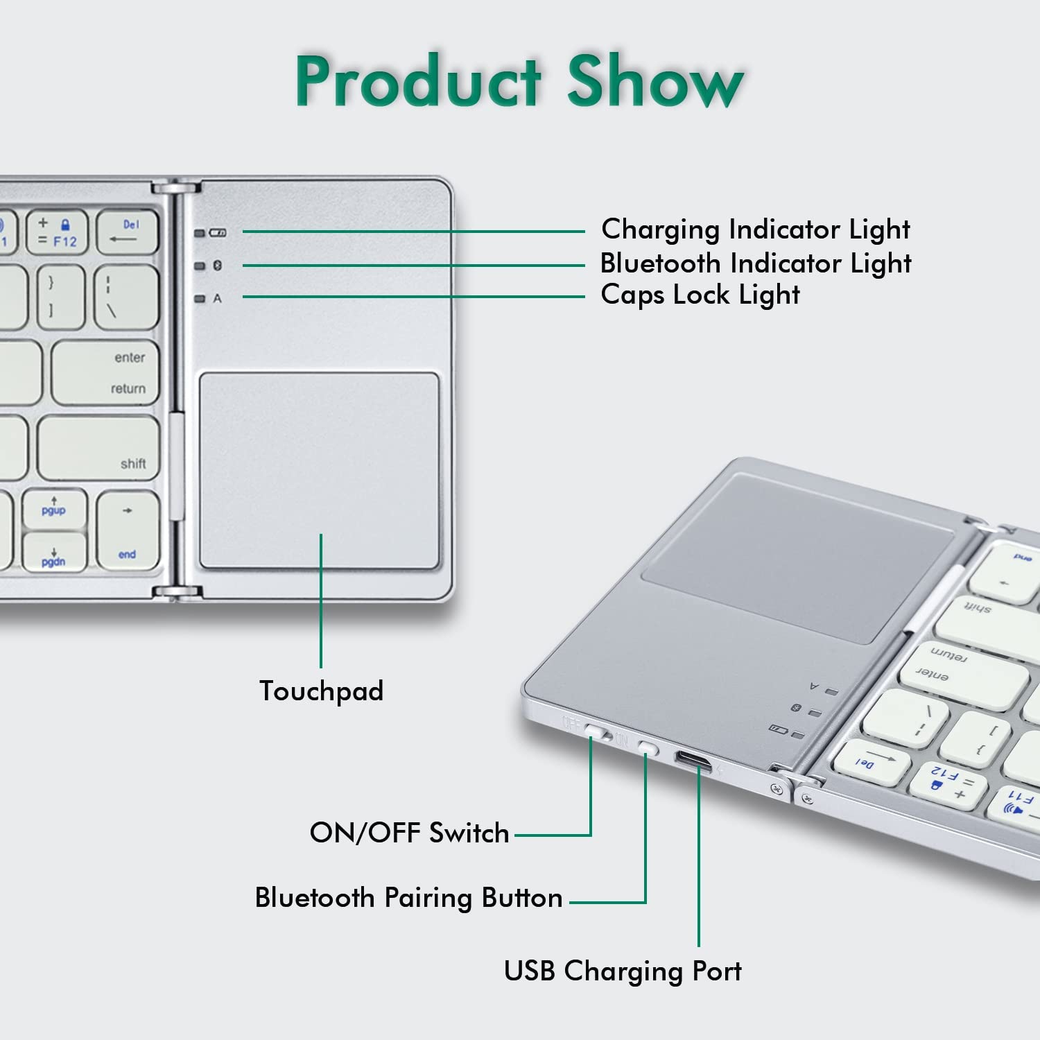 Universal Foldable Wireless Keyboard with Touchpad Tri- Folding Portable for Android, Windows System Laptop Tablet Smartphone Device - Silver White