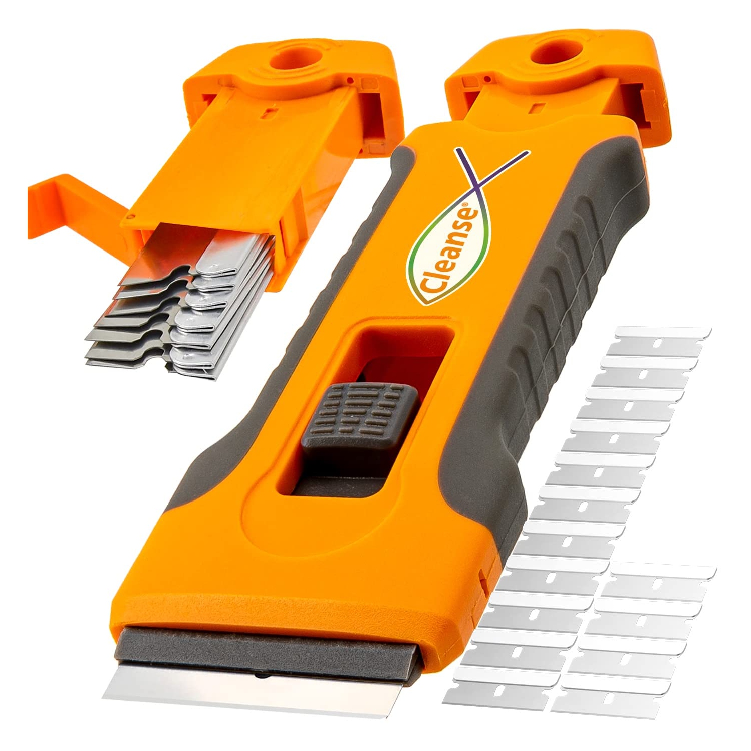 Razor Blade Scraper with 15 Spare Replacements - Glass Stove Top, Oven, Cooktop Scraper for Easy & Safe Cleaning, Decal & Sticker Removal, Non-Scratch, Comfortable Grip