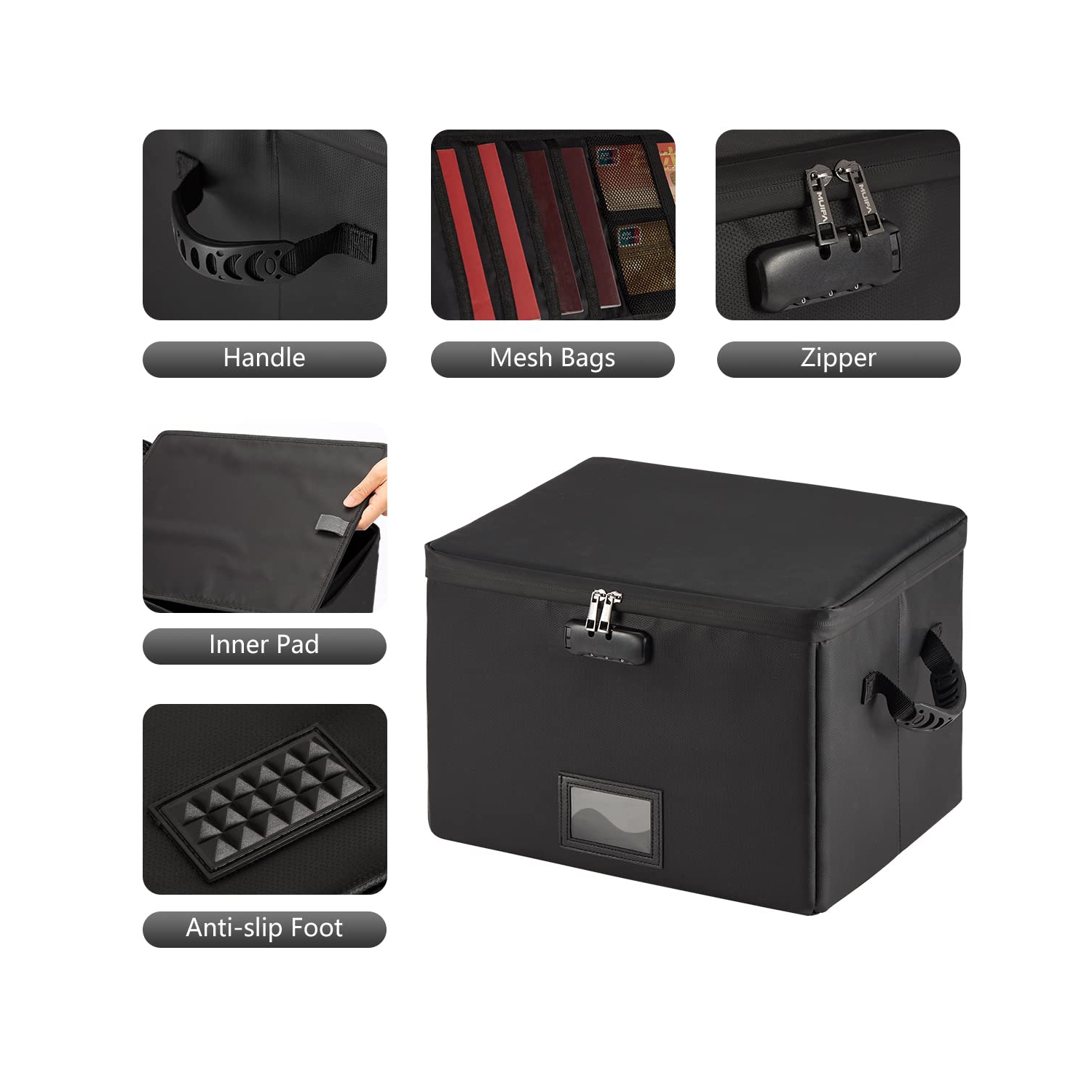 Fireproof Document Box, Fireproof File Box with Lock, Collapsible File Storage Box with Zippers and Inserts Bag, Portable Home Office Safe Box for