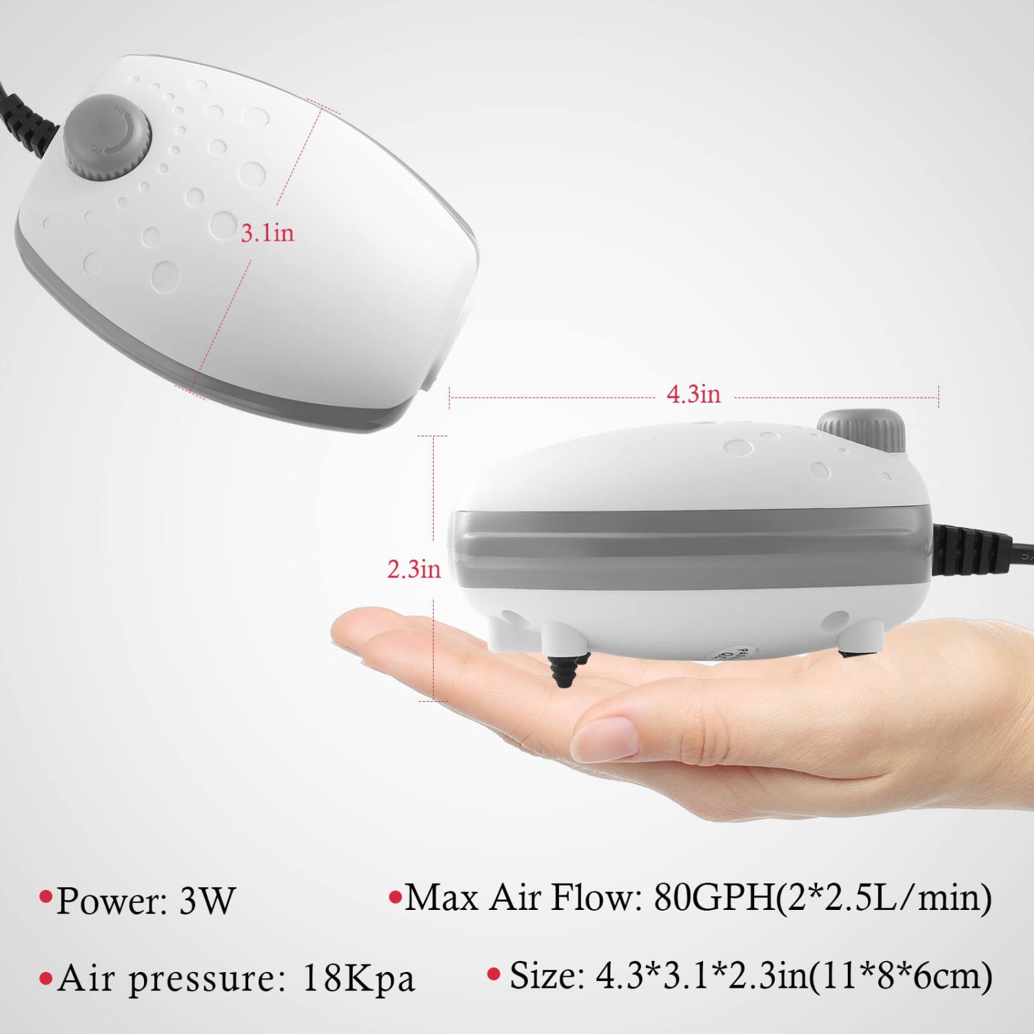 80GPH pompe à air pour aquarium, 3&nbsp;W Muet réglable pour aquarium, puissante pompe à oxygène pour poisson et réservoir de tortue jusqu'à 120