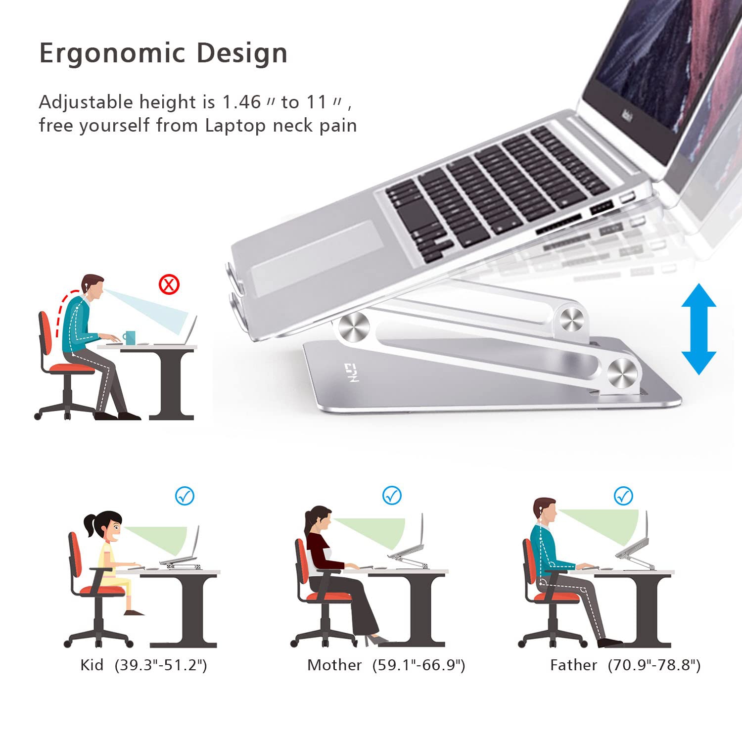 Laptop Stand for Desk, Ergonomic Aluminum Alloy Laptop Holder Adjustable Height Computer Stand Notebook Riser Compatible with MacBook Pro Air, Dell,