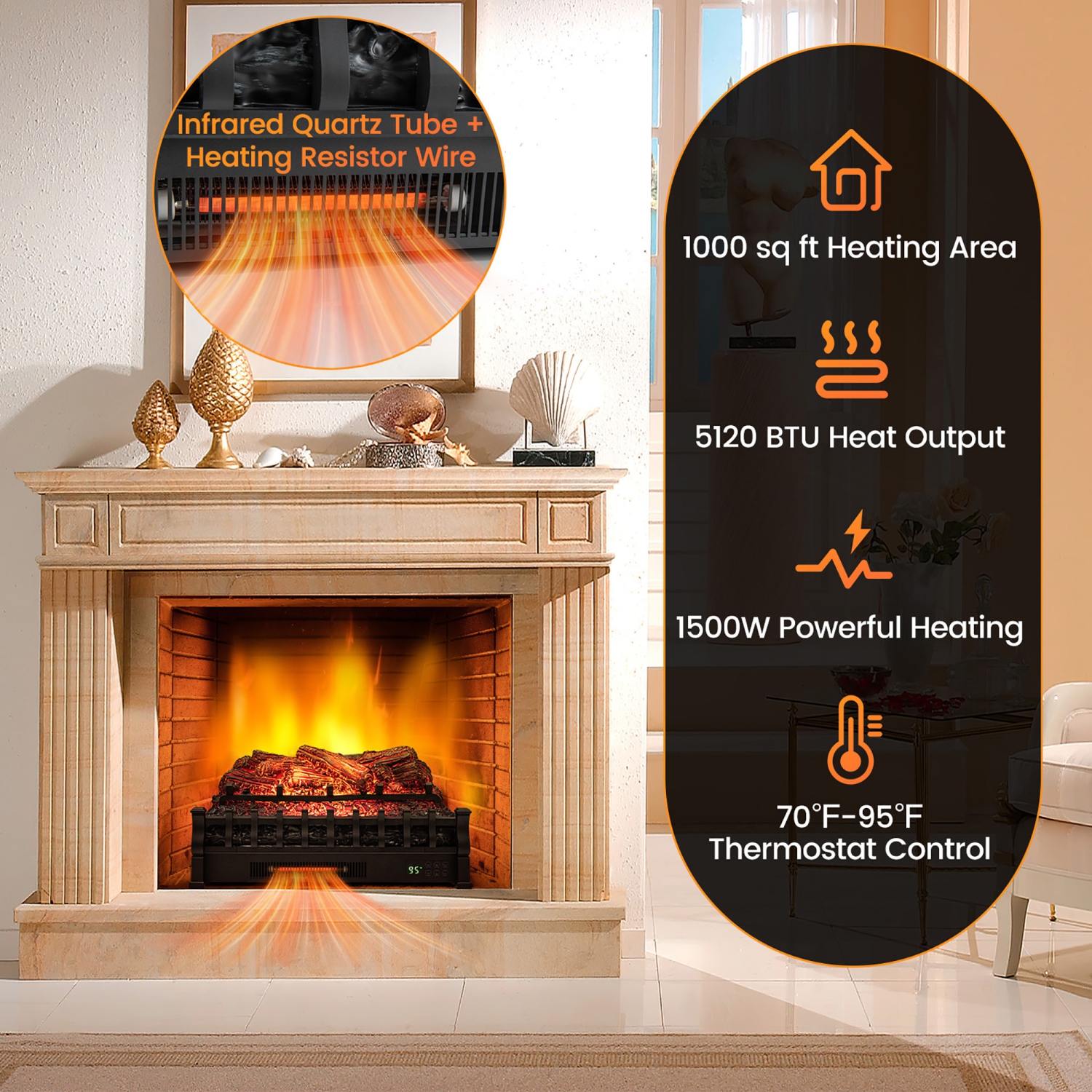 Gymax 26 Inches Infrared Quartz Electric Fireplace Log Heater with Realistic Pinewood