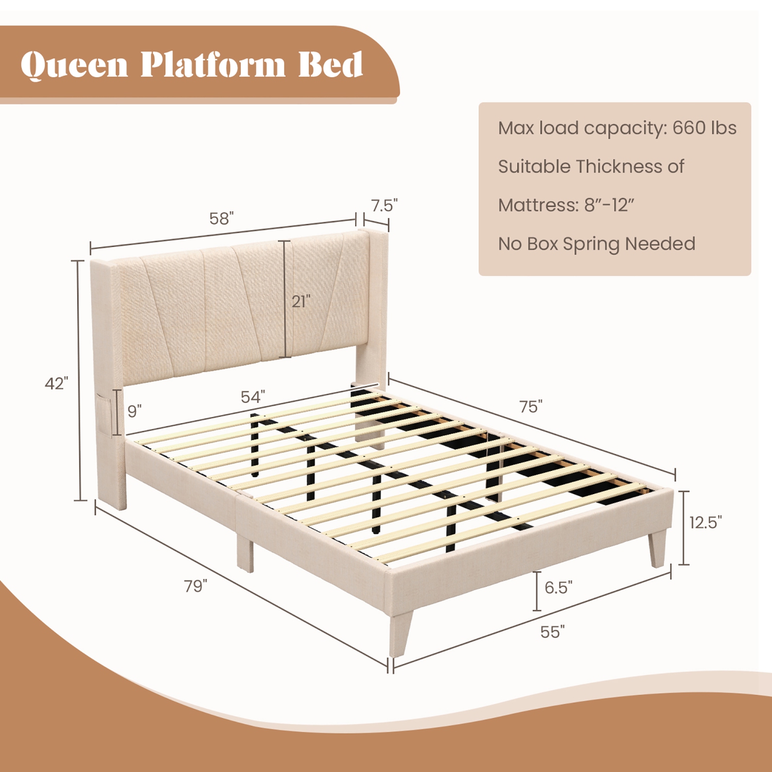 Costway Full/Queen Size Upholstered Bed Frame with Elastic Pockets Mattress Foundation Beige