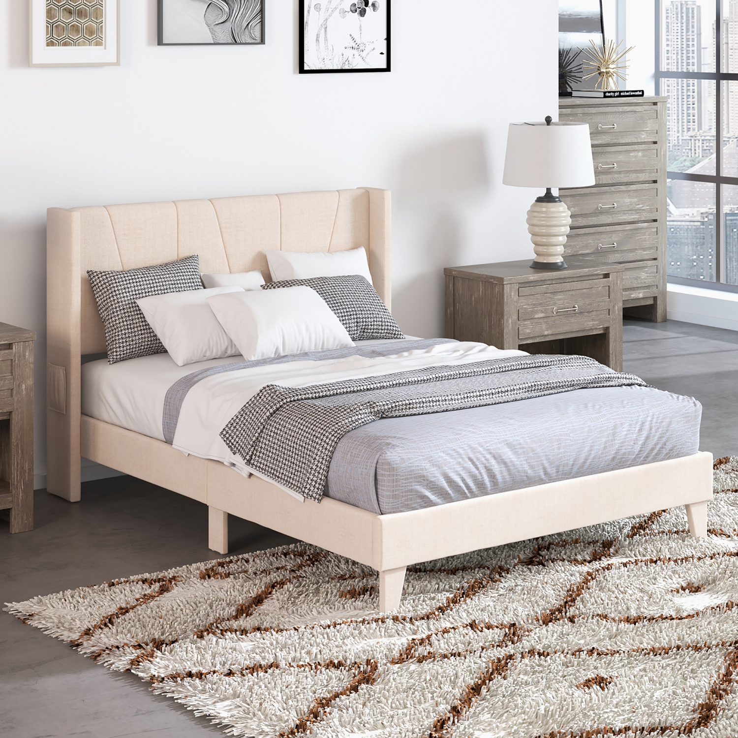 Costway Full/Queen Size Upholstered Bed Frame with Elastic Pockets Mattress Foundation Beige