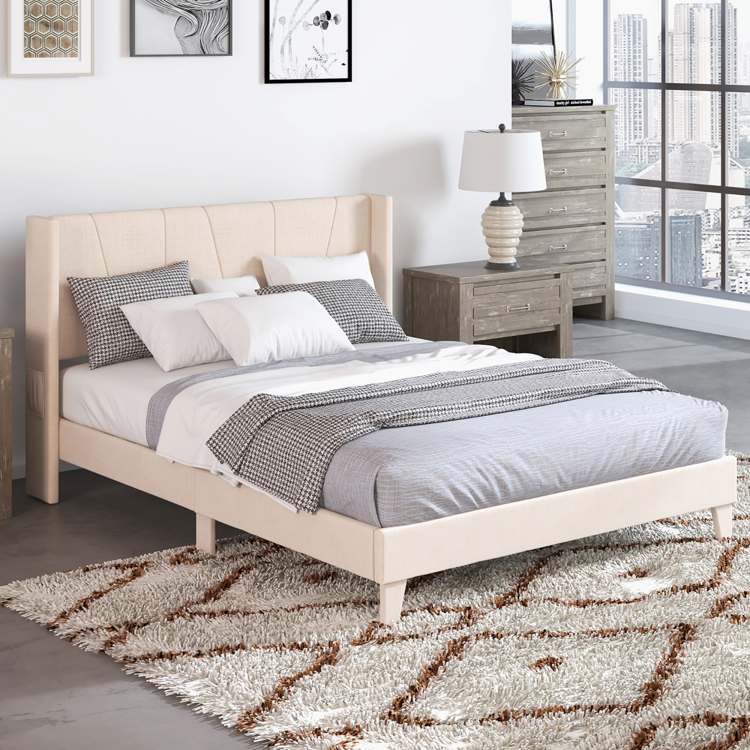 Costway Full/Queen Size Upholstered Bed Frame with Elastic Pockets Mattress Foundation Beige