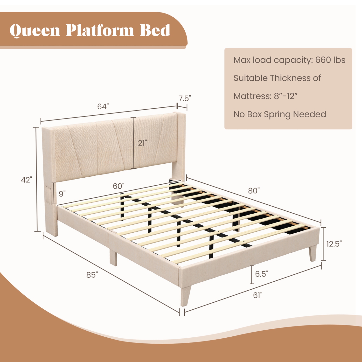 Costway Full/Queen Size Upholstered Bed Frame with Elastic Pockets Mattress Foundation Beige