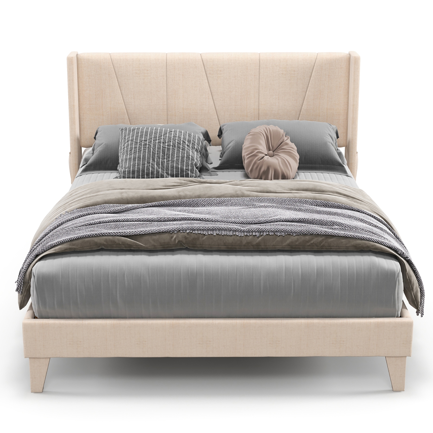 Costway Full/Queen Size Upholstered Bed Frame with Elastic Pockets Mattress Foundation Beige