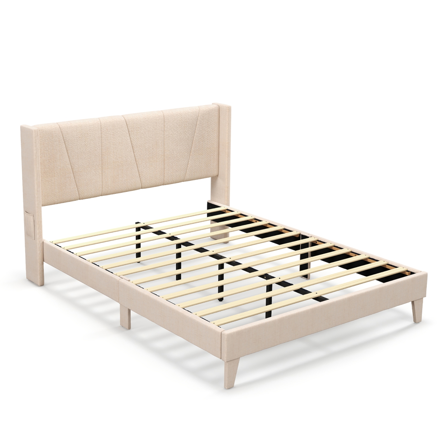 Costway Full/Queen Size Upholstered Bed Frame with Elastic Pockets Mattress Foundation Beige