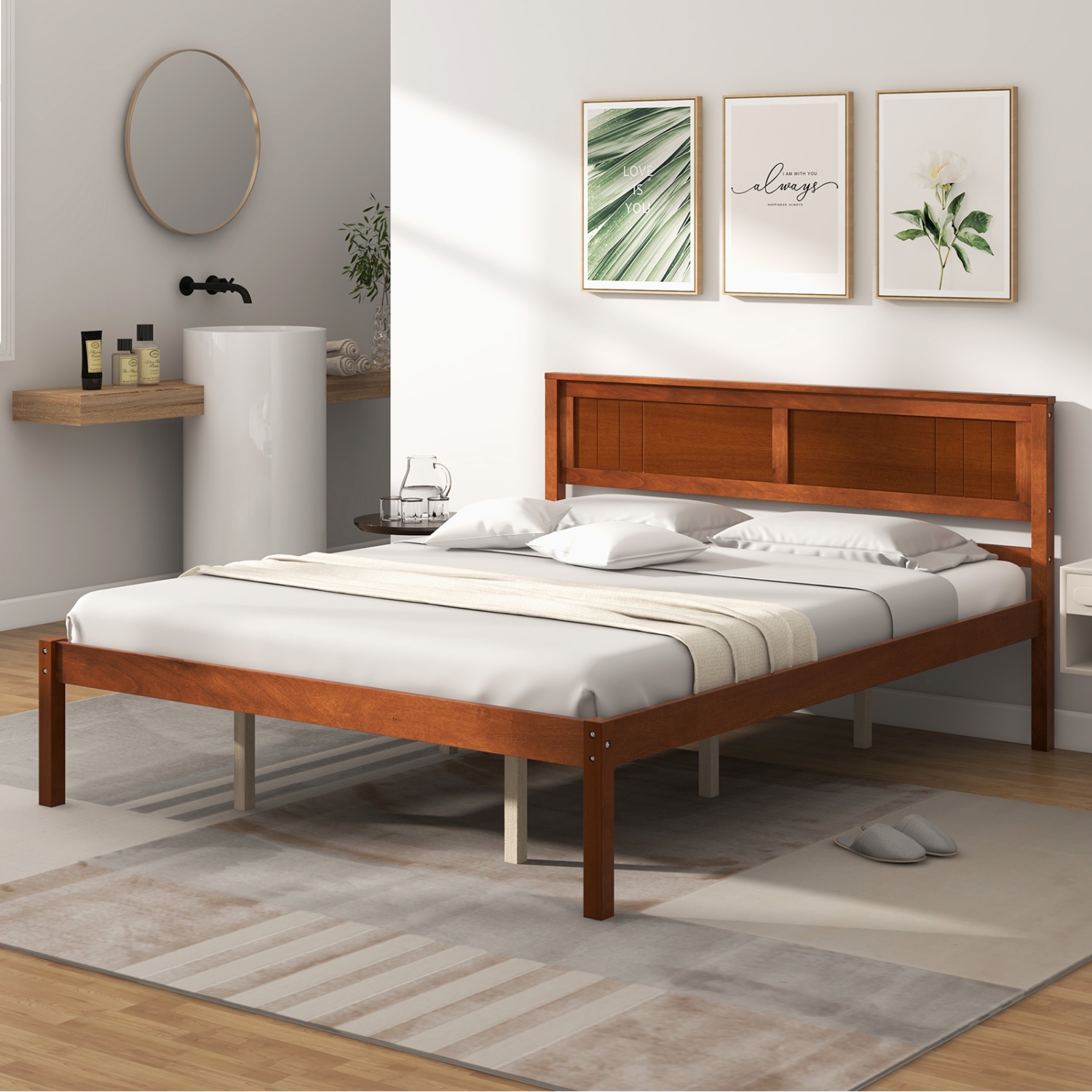 Cadre de lit plateforme en bois de Costway pour lit double/grand lit/lit simple avec base de matelas de tête de lit - Noyer