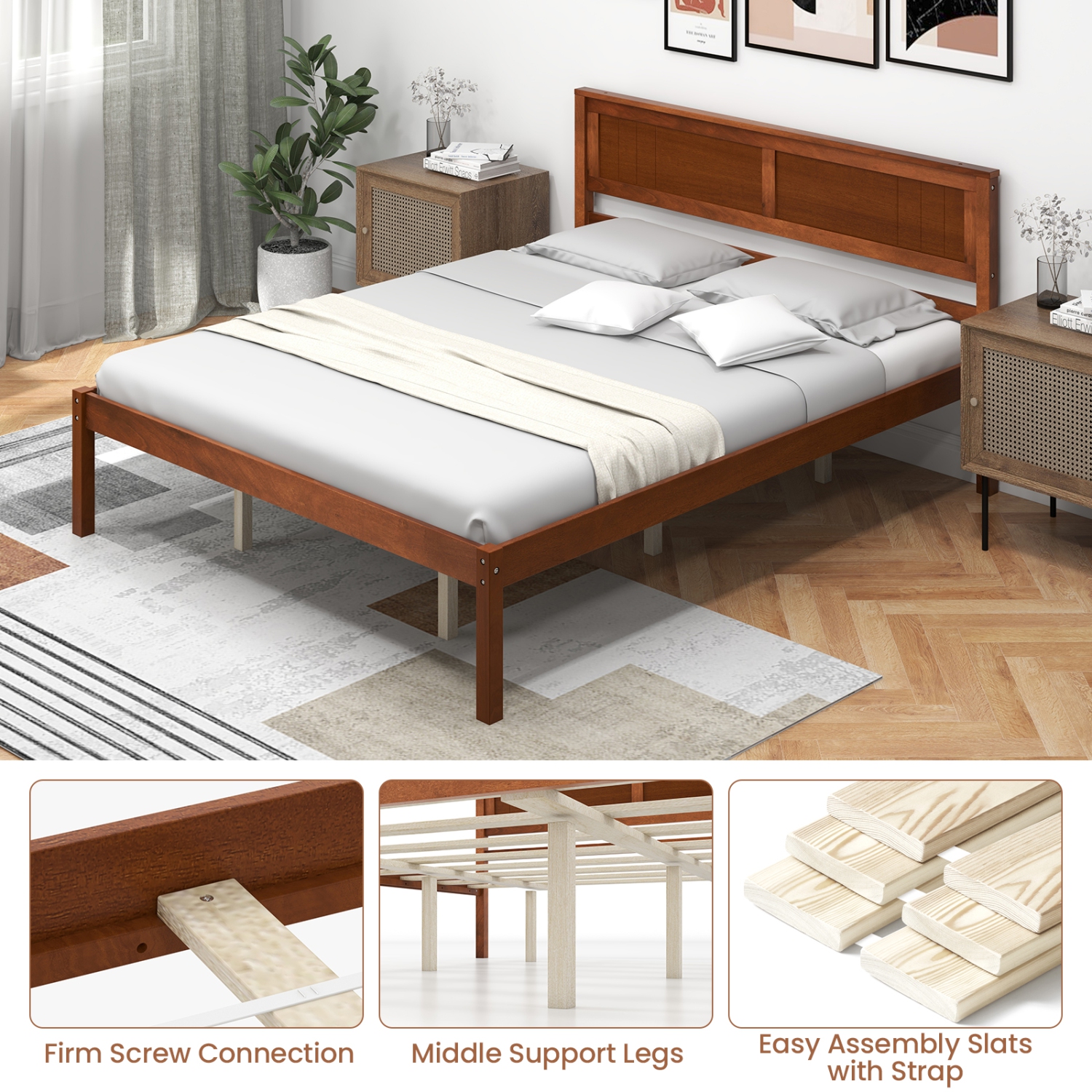 Cadre de lit plateforme en bois de Costway pour lit double/grand lit/lit simple avec base de matelas de tête de lit - Noyer