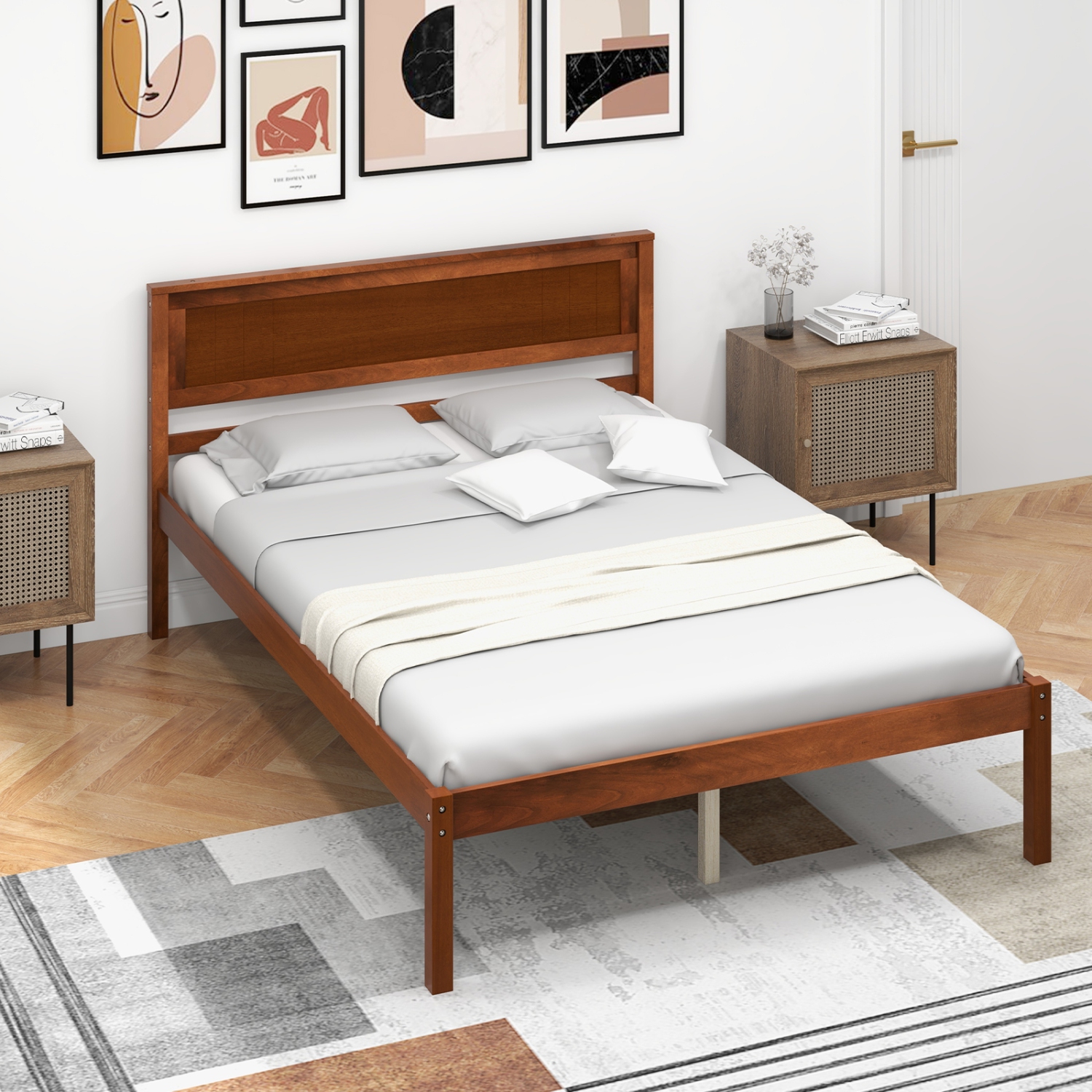 Costway Full/Queen/Twin Size Wooden Platform Bed Frame with Headboard Mattress Foundation Walnut